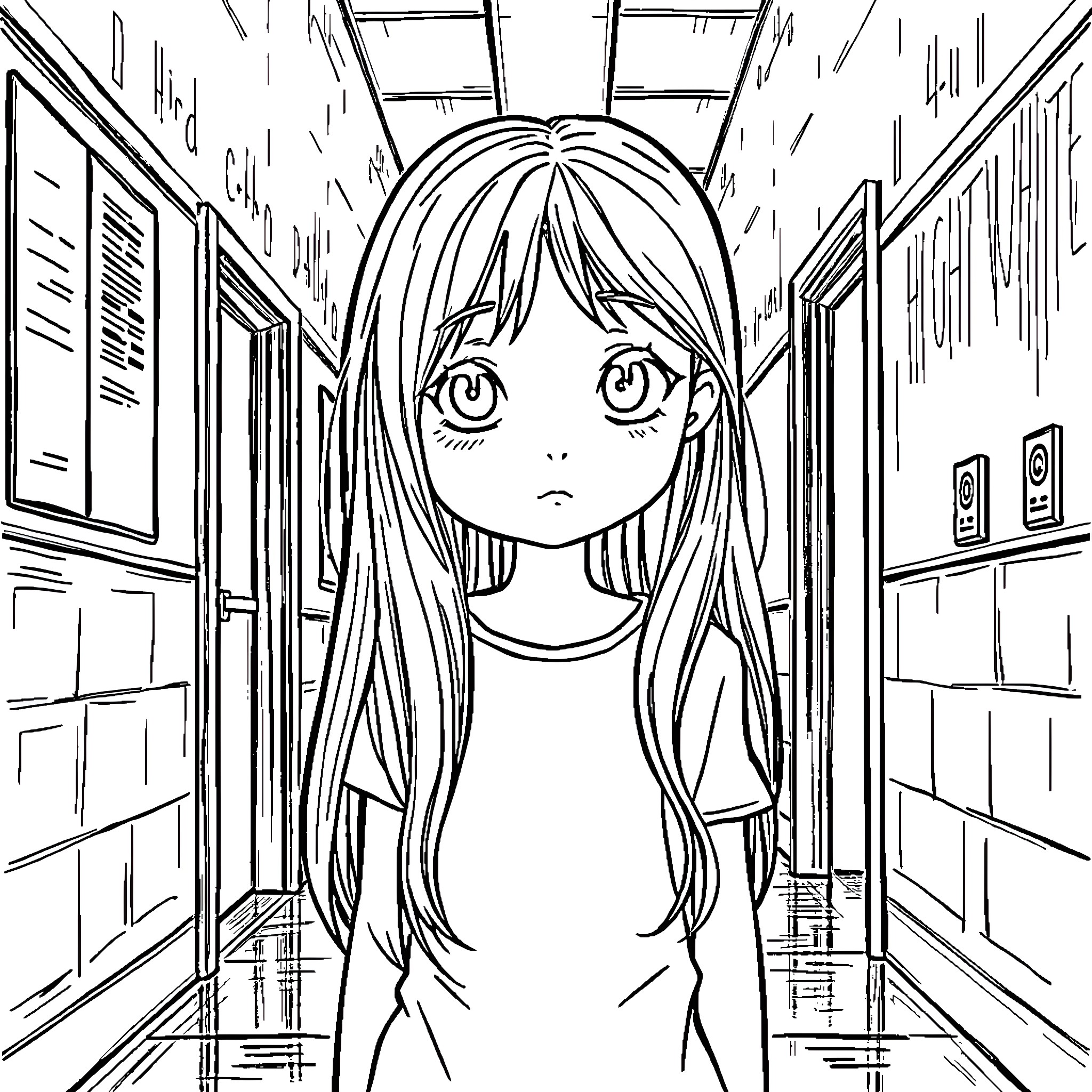Carrie walking alone in the empty school hallway Coloring Page (free black-and-white line drawing printable PDF for all, from beginners to advanced learners, including children, teens, adults, and seniors)