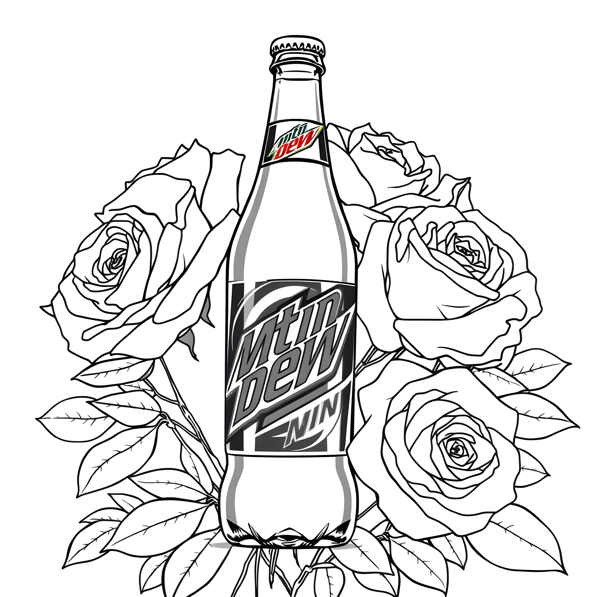 Mtn Dew bottle surrounded by roses Coloring Page (free black-and-white line drawing printable PDF for all, from beginners to advanced learners, including children, teens, adults, and seniors)
