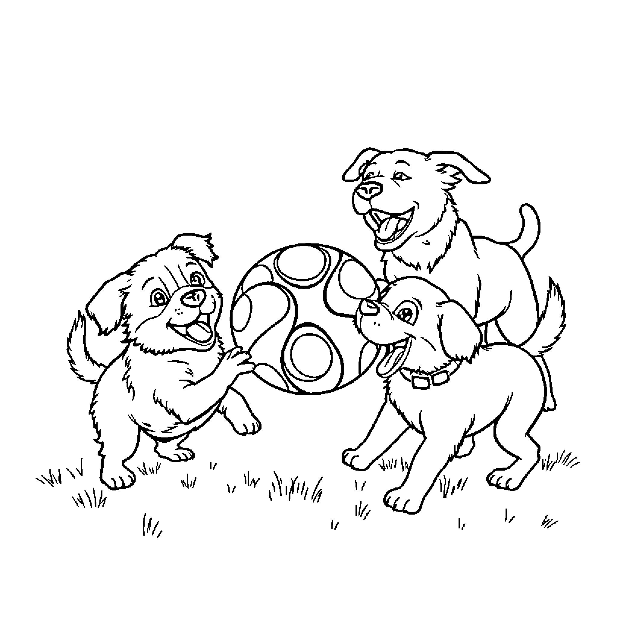Dog friends playing with ball together Coloring Page (free black-and-white line drawing printable PDF for all, from beginners to advanced learners, including children, teens, adults, and seniors)