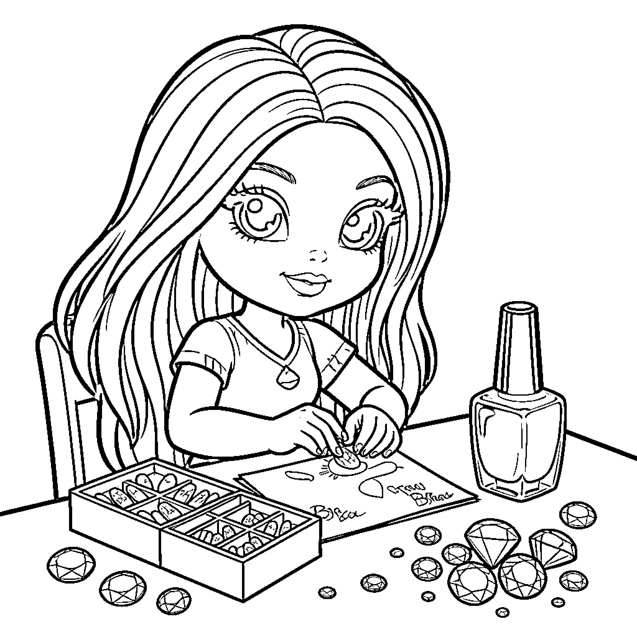 Bratz Doll painting nails and arranging jewelry Coloring Page (free black-and-white line drawing printable PDF for all, from beginners to advanced learners, including children, teens, adults, and seniors)