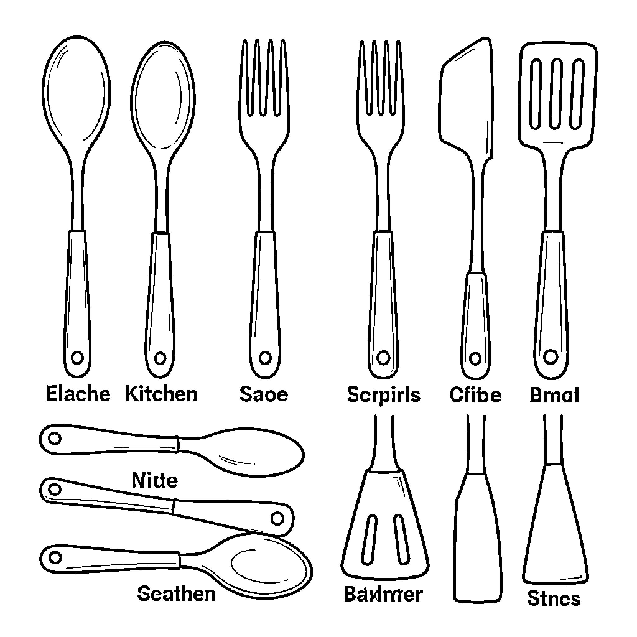 Kitchen Utensils Silhouettes and Labels Coloring Page (free black-and-white line drawing printable PDF for all, from beginners to advanced learners, including children, teens, adults, and seniors)