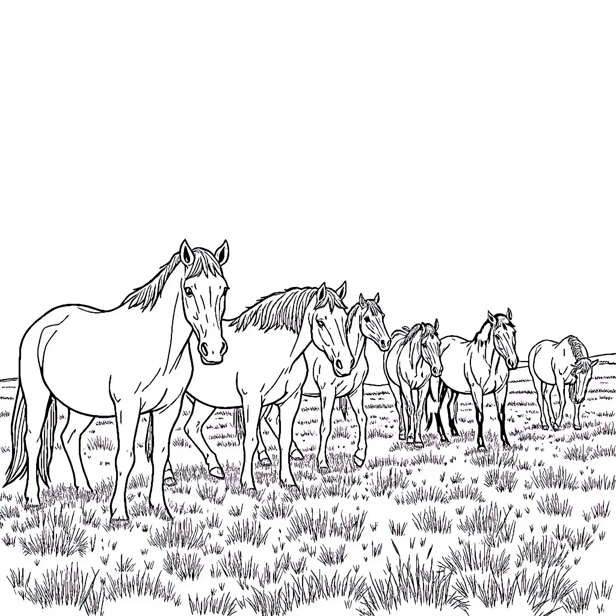 Horse herd grazing peacefully in the meadow Coloring Page (free black-and-white line drawing printable PDF for all, from beginners to advanced learners, including children, teens, adults, and seniors)