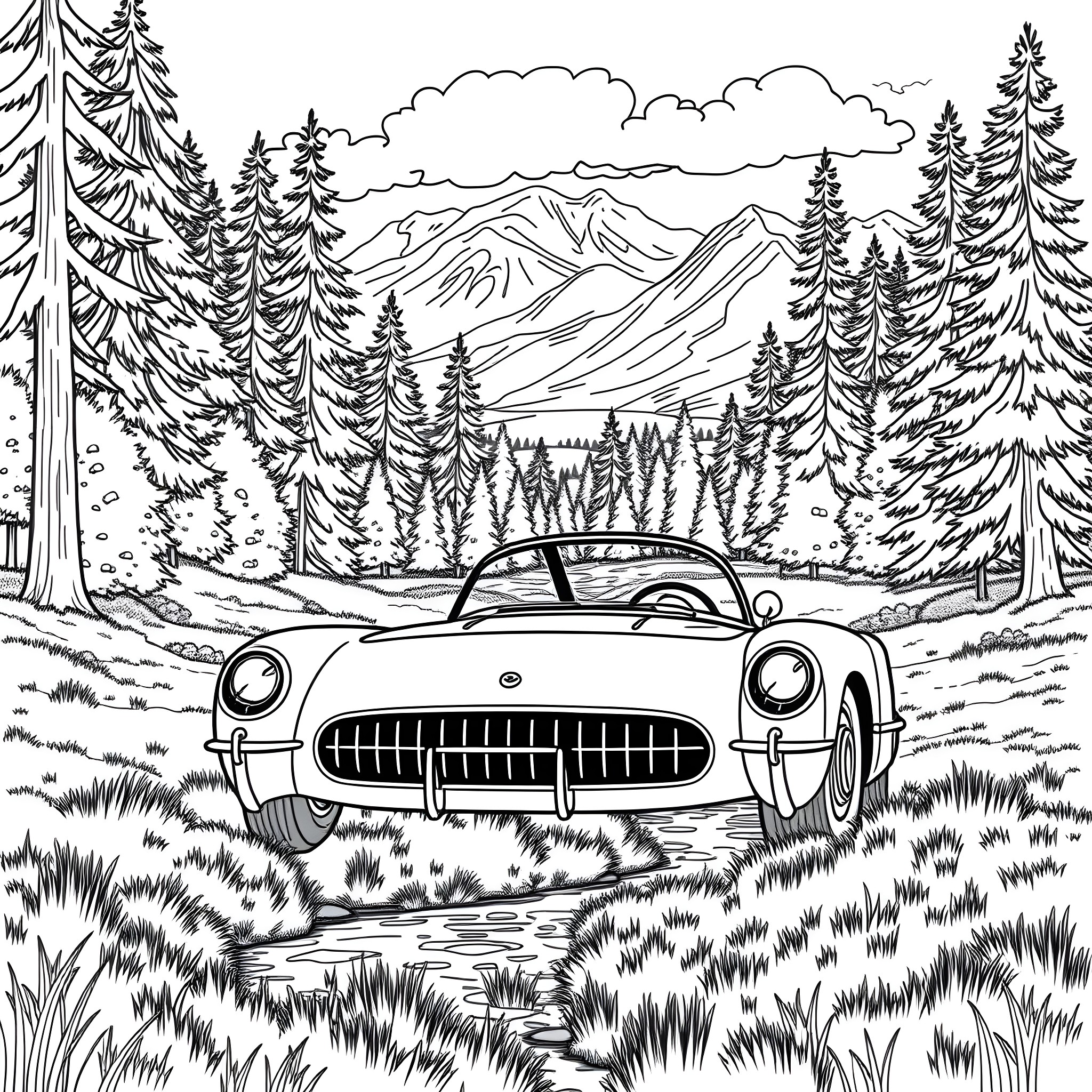 Chevrolet Corvette sports car in a mountainous landscape Coloring Page (free black-and-white line drawing printable PDF for all, from beginners to advanced learners, including children, teens, adults, and seniors)