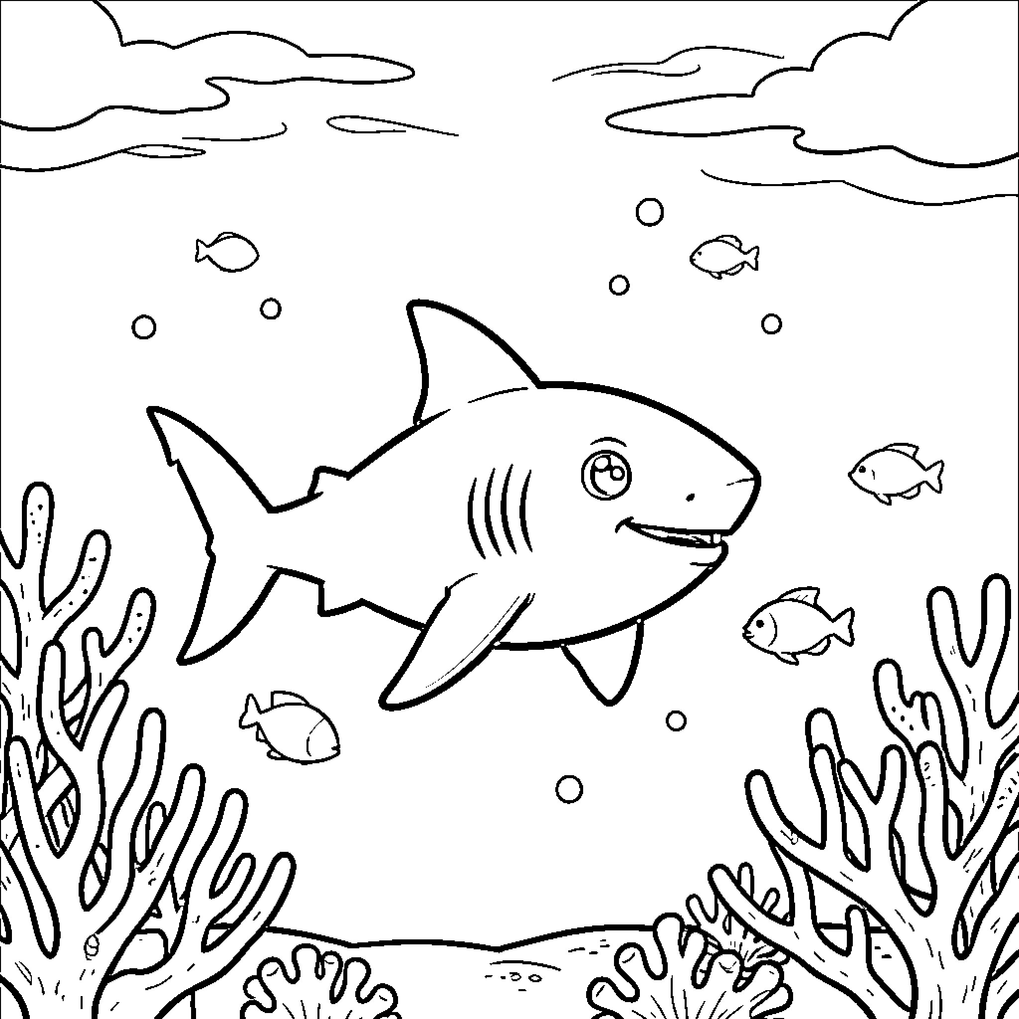 Shark exploring the underwater world Coloring Page (free black-and-white line drawing printable PDF for all, from beginners to advanced learners, including children, teens, adults, and seniors)