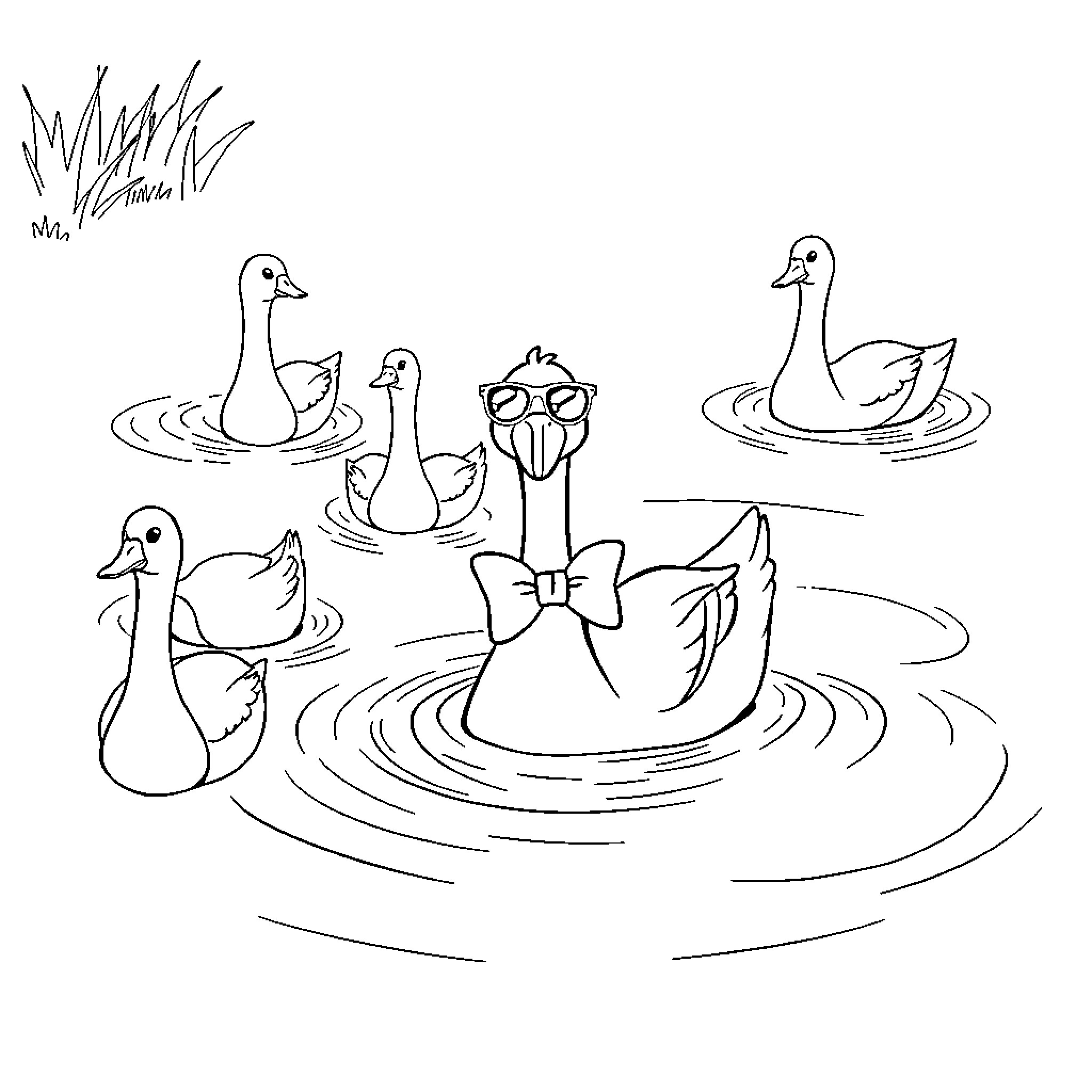 Goose family swimming in pond with decorative bows Coloring Page (free black-and-white line drawing printable PDF for all, from beginners to advanced learners, including children, teens, adults, and seniors)