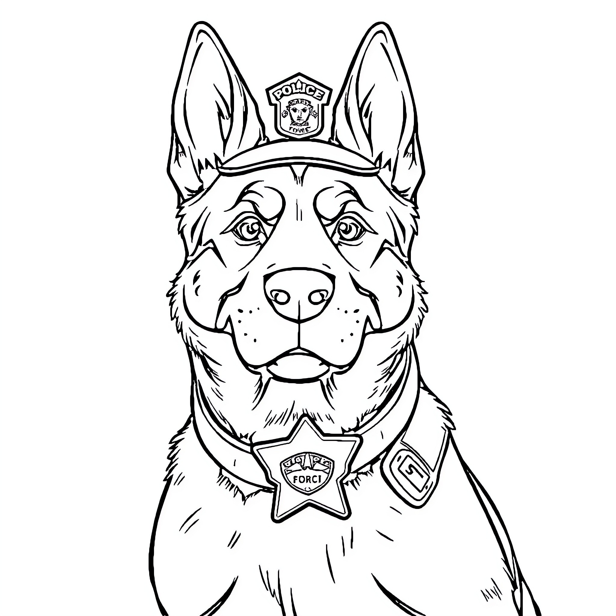 Police Dog on Duty in Uniform Coloring Page (free black-and-white line drawing printable PDF for all, from beginners to advanced learners, including children, teens, adults, and seniors)