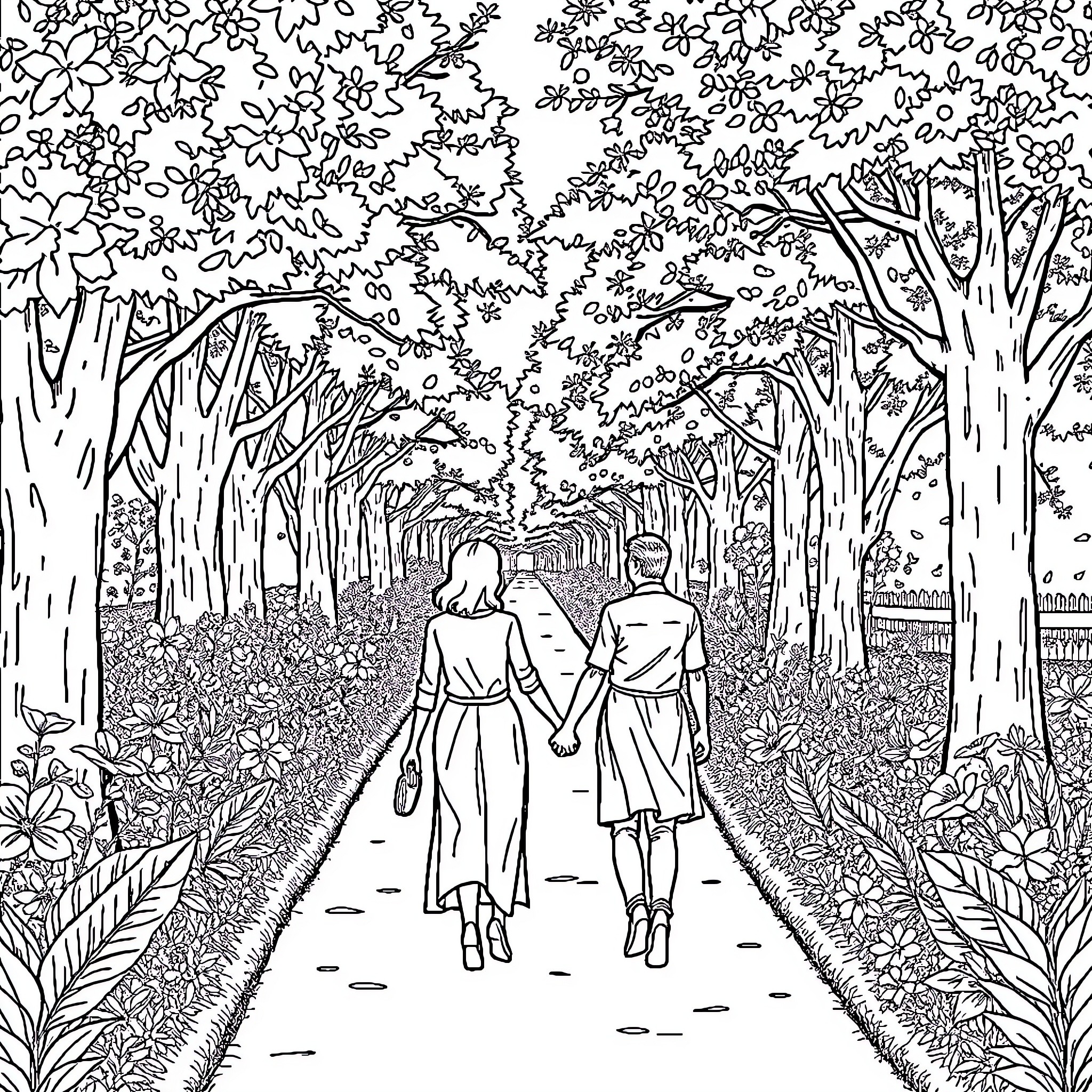 Pareja caminando juntos en un sendero boscoso Coloring Page (free black-and-white line drawing printable PDF for all, from beginners to advanced learners, including children, teens, adults, and seniors)