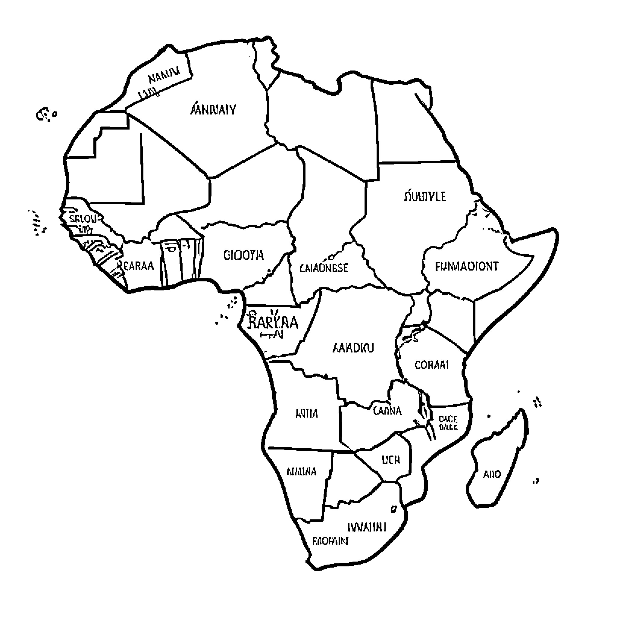 Africa Map with Outlined Country Boundaries Coloring Page (free black-and-white line drawing printable PDF for all, from beginners to advanced learners, including children, teens, adults, and seniors)