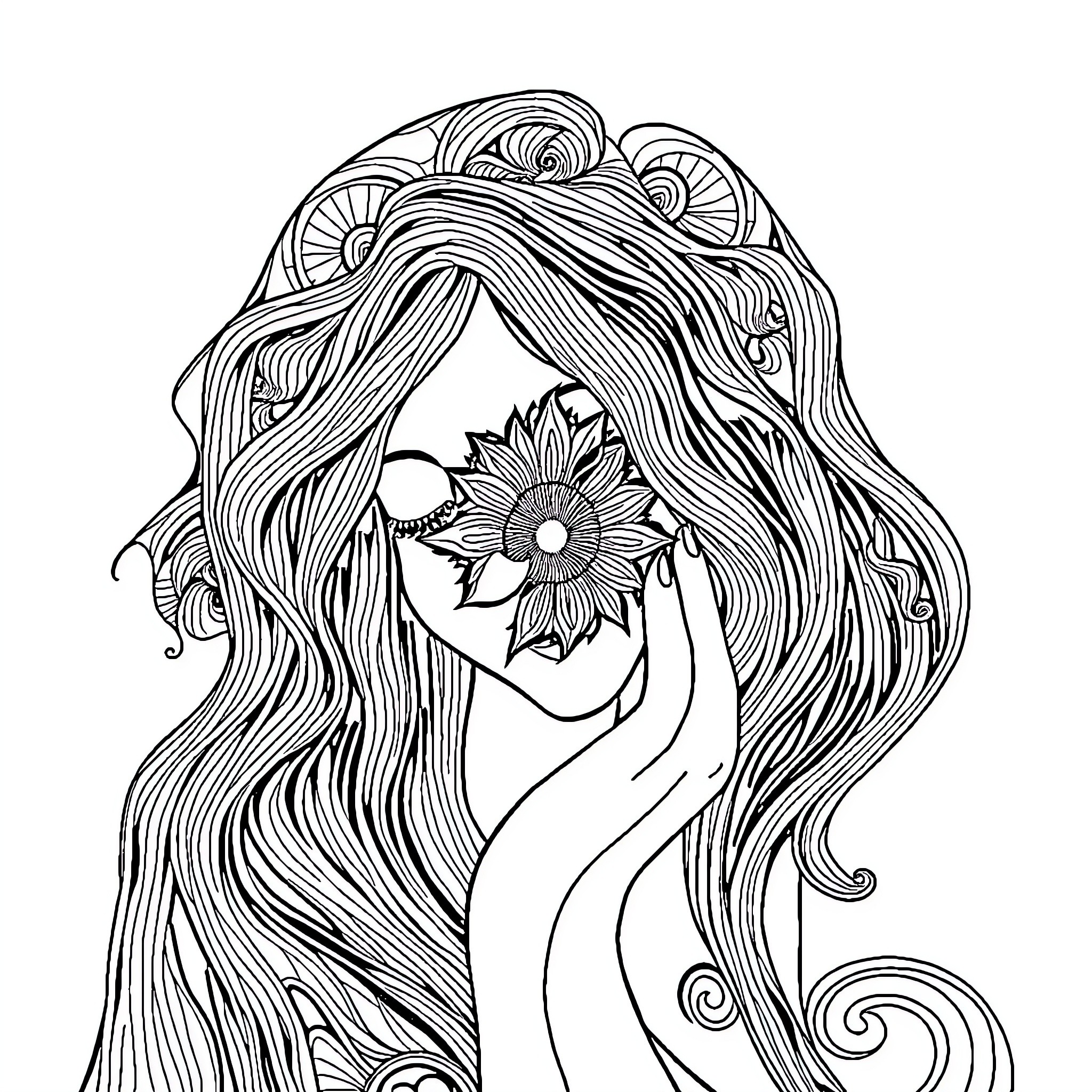 Fractile Art of Woman with Flowing Hair and Flower Coloring Page (free black-and-white line drawing printable PDF for all, from beginners to advanced learners, including children, teens, adults, and seniors)