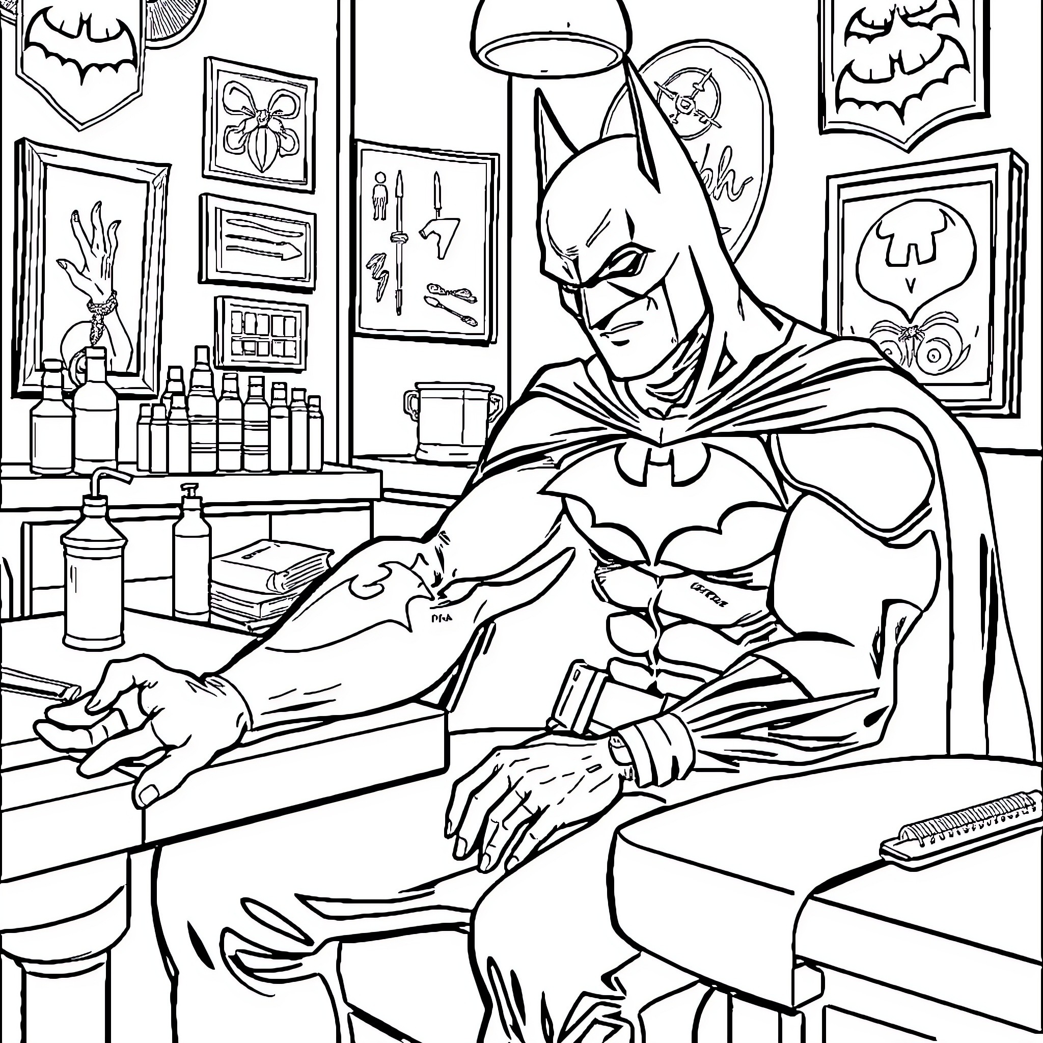 Batman in his Batcave examining clues Coloring Page (free black-and-white line drawing printable PDF for all, from beginners to advanced learners, including children, teens, adults, and seniors)