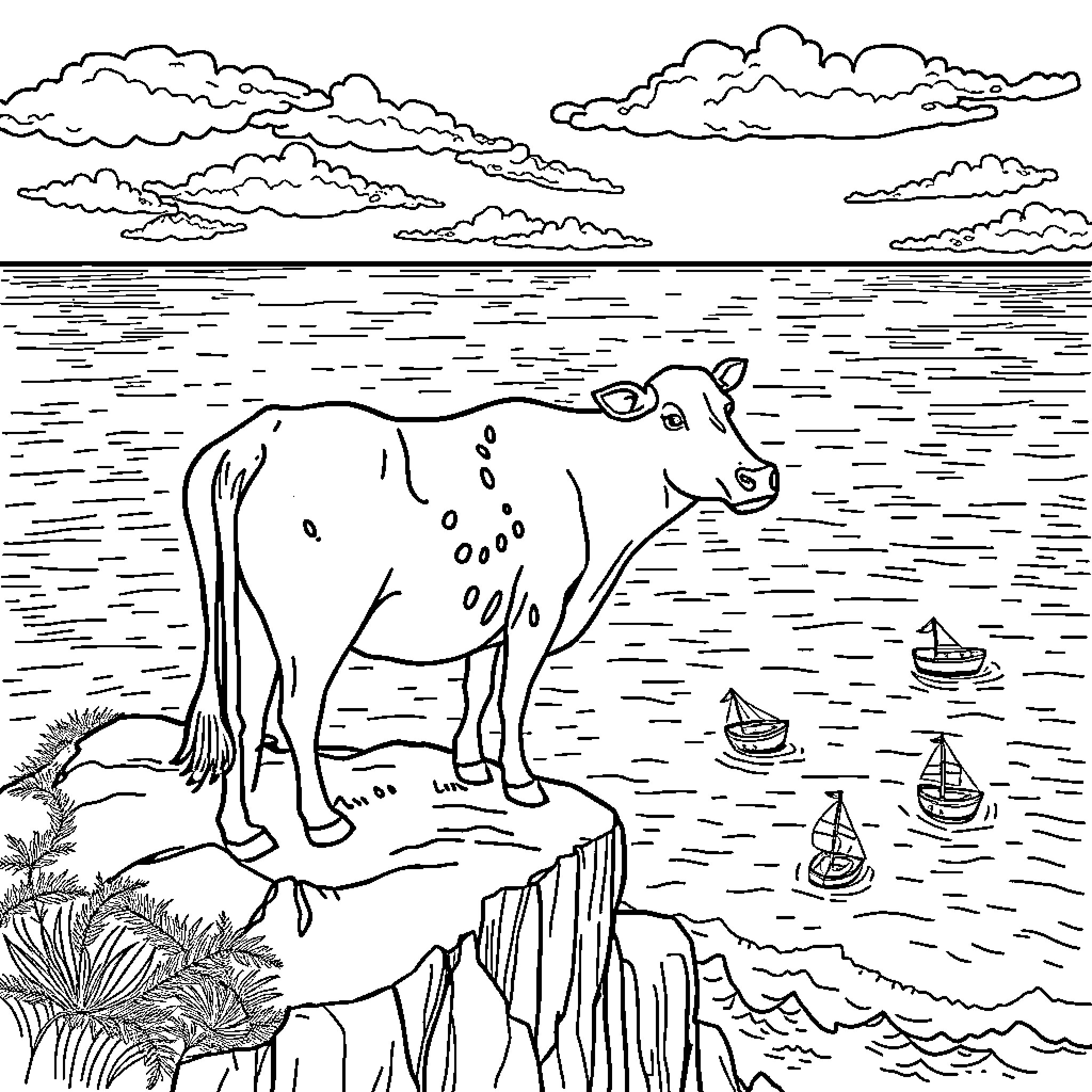 Cow standing on a cliff overlooking the ocean Coloring Page (free black-and-white line drawing printable PDF for all, from beginners to advanced learners, including children, teens, adults, and seniors)