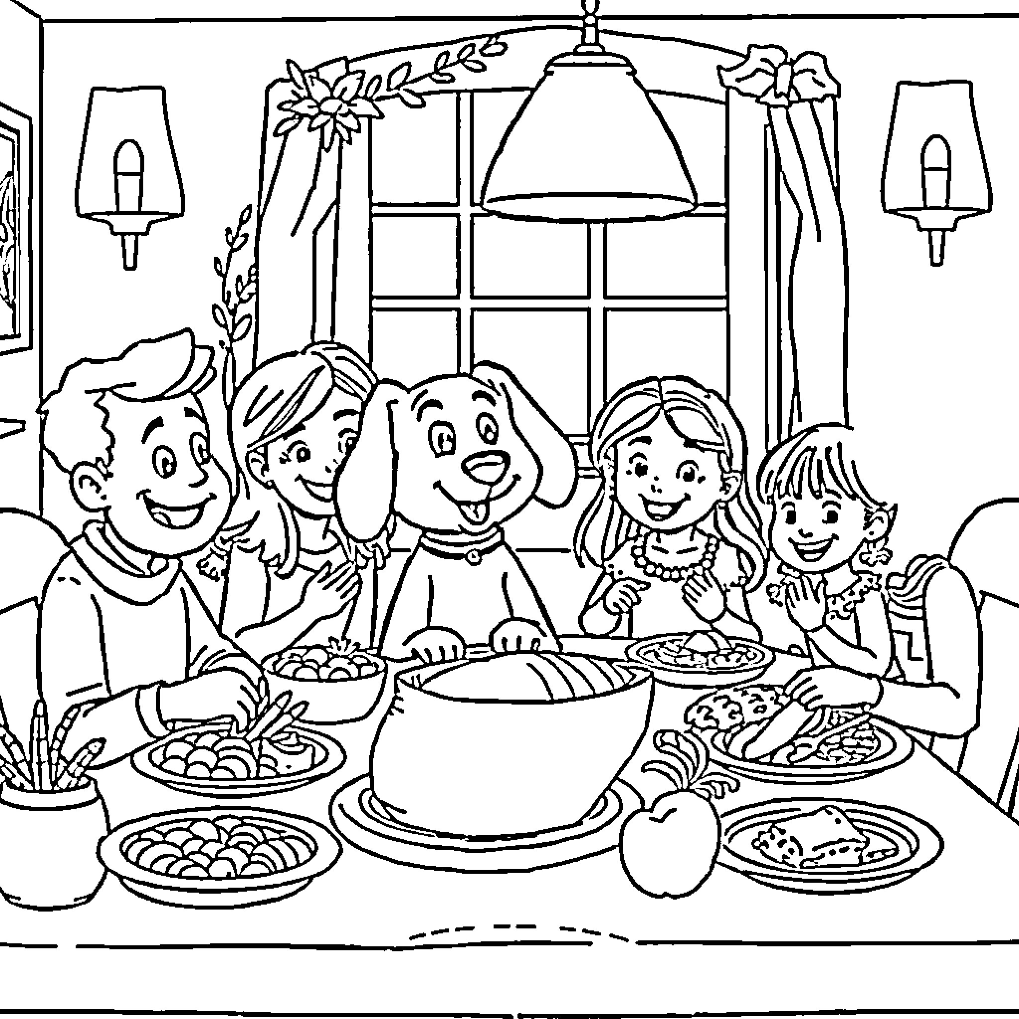 Bluey's Family Enjoying a Delicious Meal Together Coloring Page (free black-and-white line drawing printable PDF for all, from beginners to advanced learners, including children, teens, adults, and seniors)