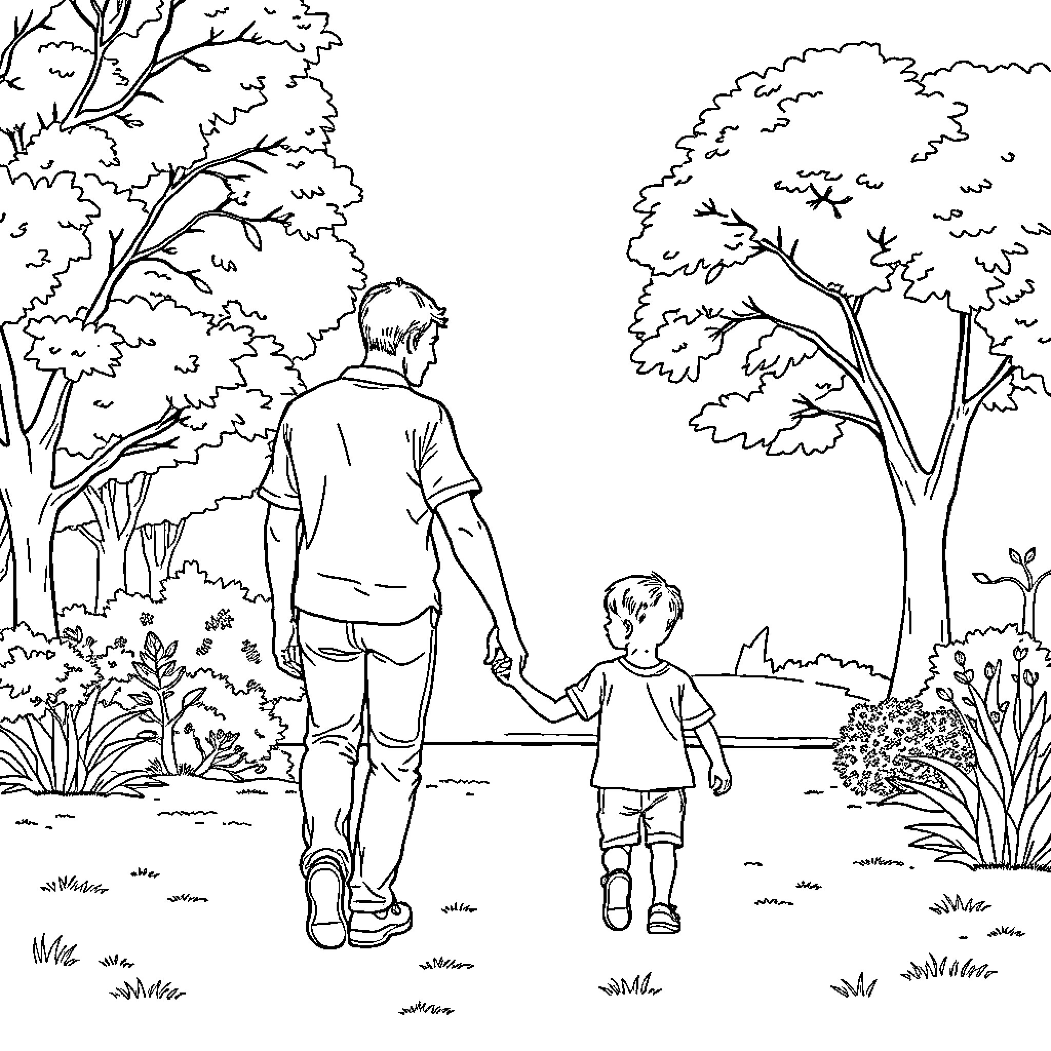 Man walking with child in park Coloring Page (free black-and-white line drawing printable PDF for all, from beginners to advanced learners, including children, teens, adults, and seniors)