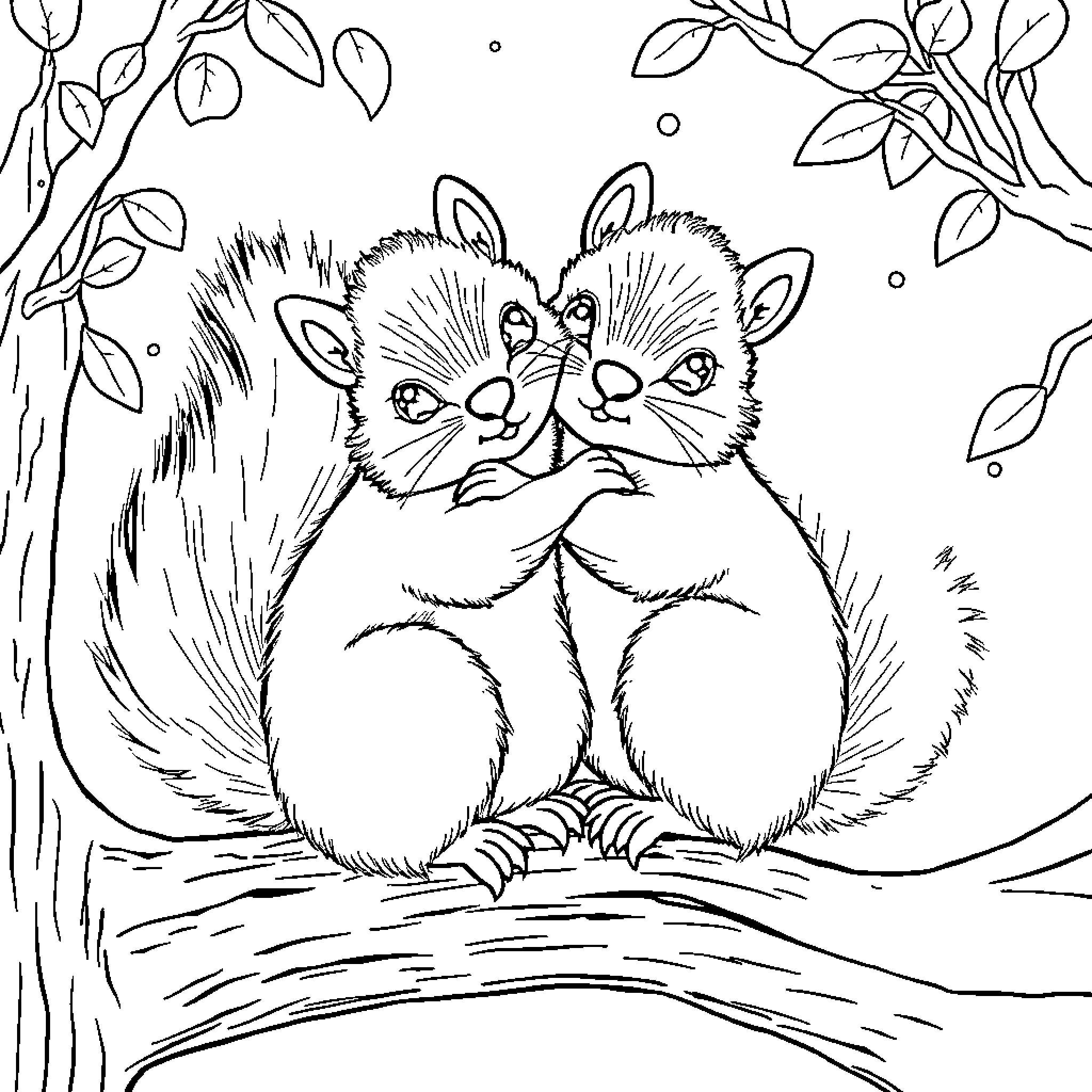 Squirrels cuddling in a forest Coloring Page (free black-and-white line drawing printable PDF for all, from beginners to advanced learners, including children, teens, adults, and seniors)