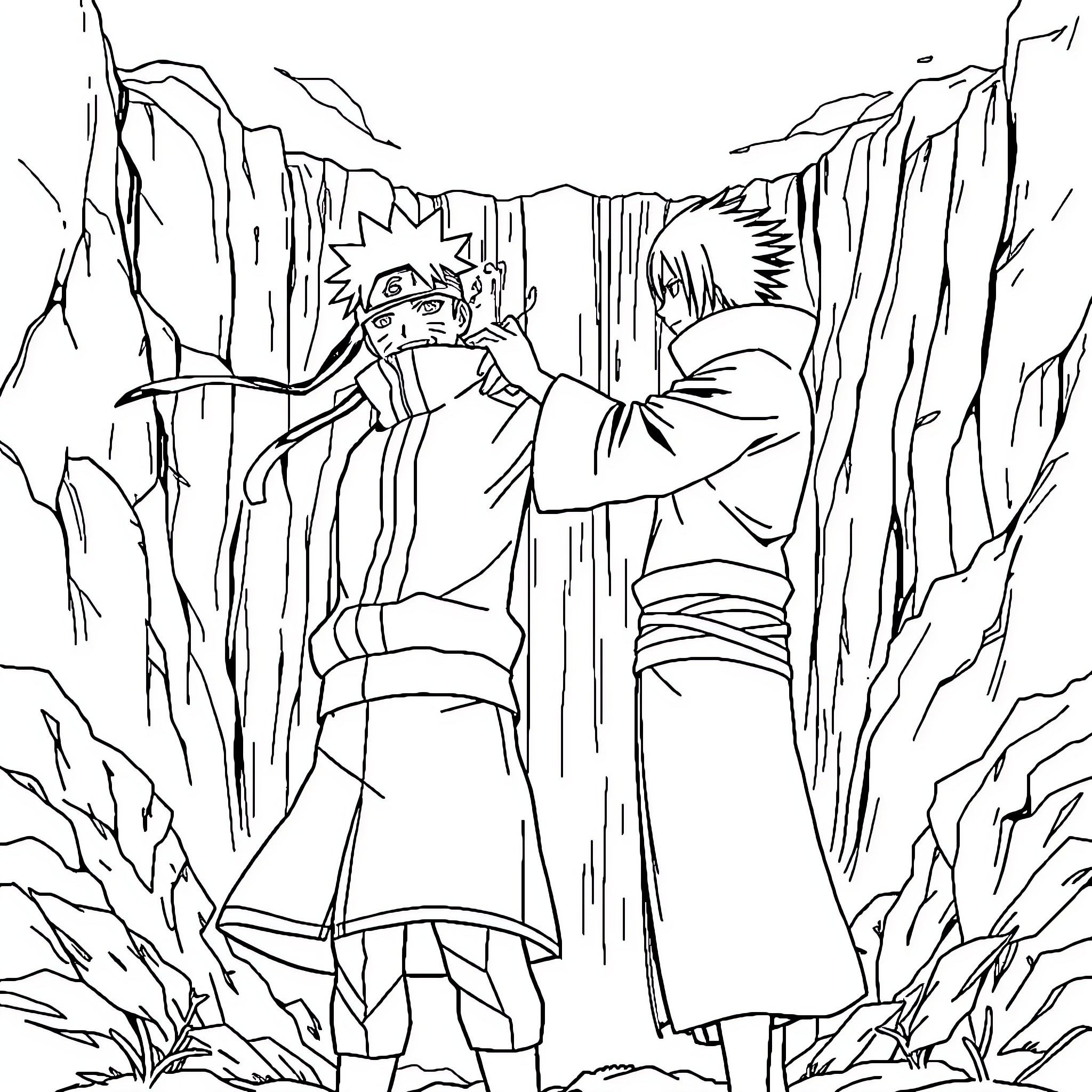 Naruto characters in epic battle amid rugged terrain Coloring Page (free black-and-white line drawing printable PDF for all, from beginners to advanced learners, including children, teens, adults, and seniors)