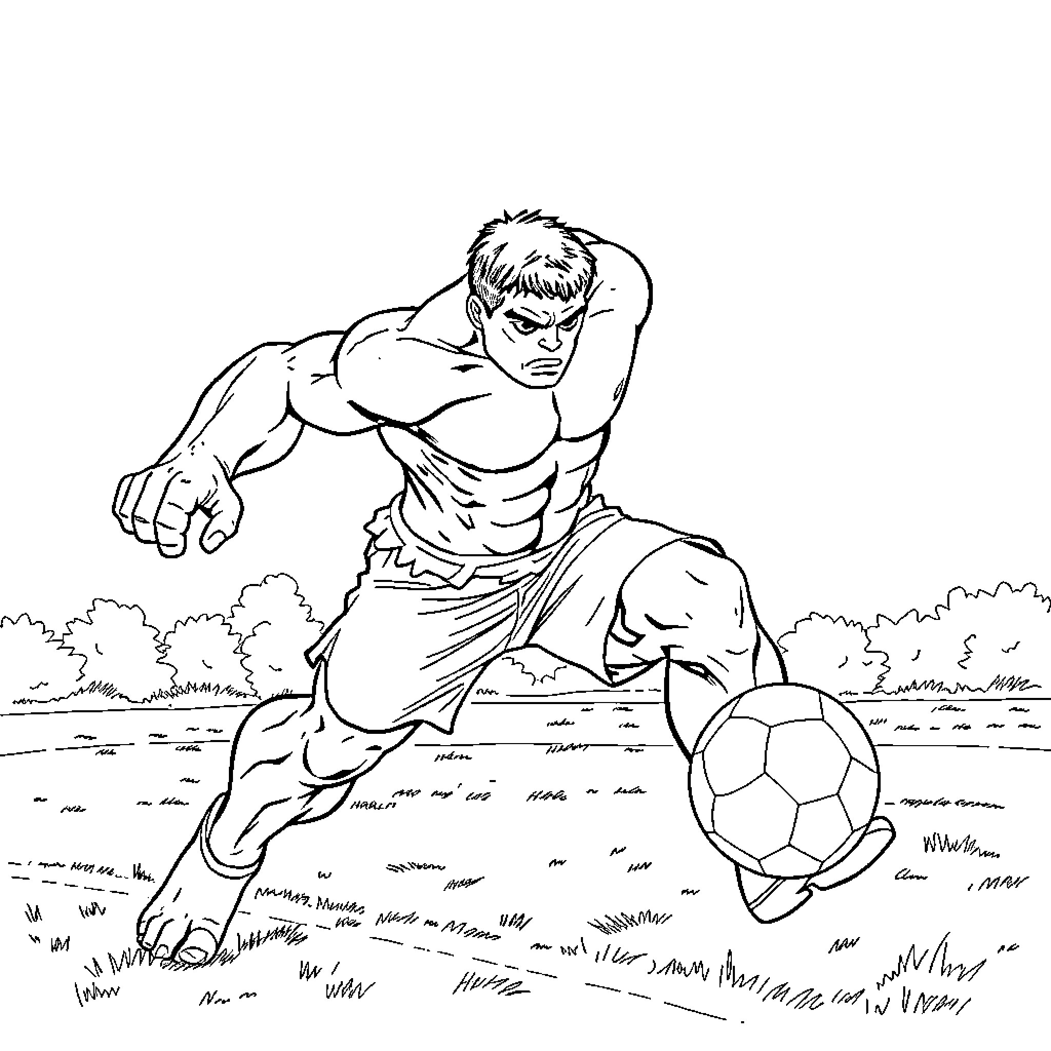 Hulk playing soccer intensely in field Coloring Page (free black-and-white line drawing printable PDF for all, from beginners to advanced learners, including children, teens, adults, and seniors)