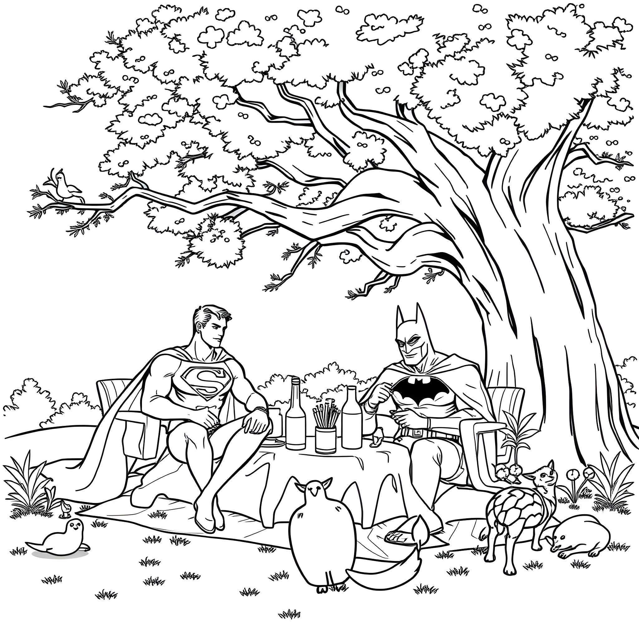 Superman and Batman having a picnic in the park Coloring Page (free black-and-white line drawing printable PDF for all, from beginners to advanced learners, including children, teens, adults, and seniors)