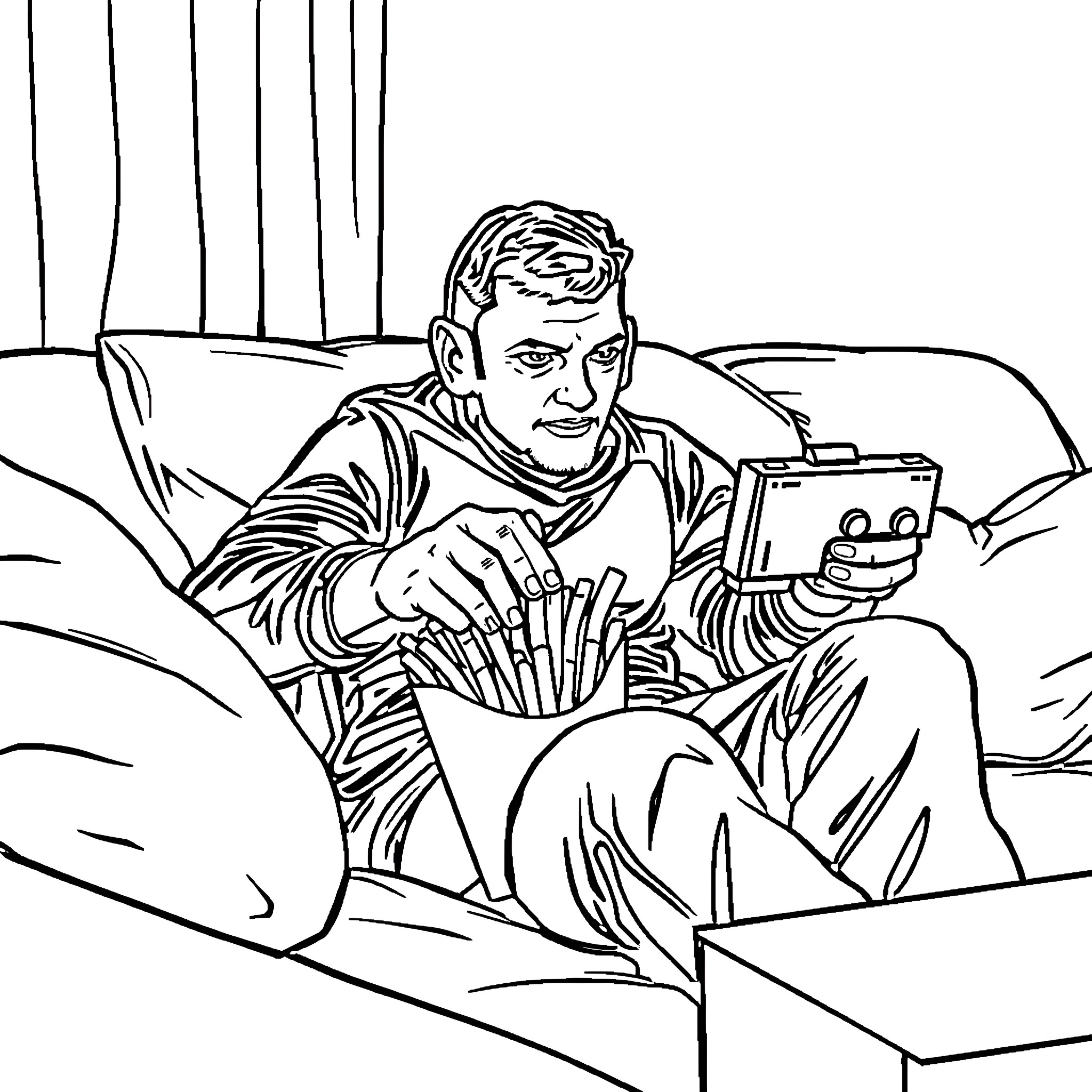 Person playing video game on a console in bed Coloring Page (free black-and-white line drawing printable PDF for all, from beginners to advanced learners, including children, teens, adults, and seniors)