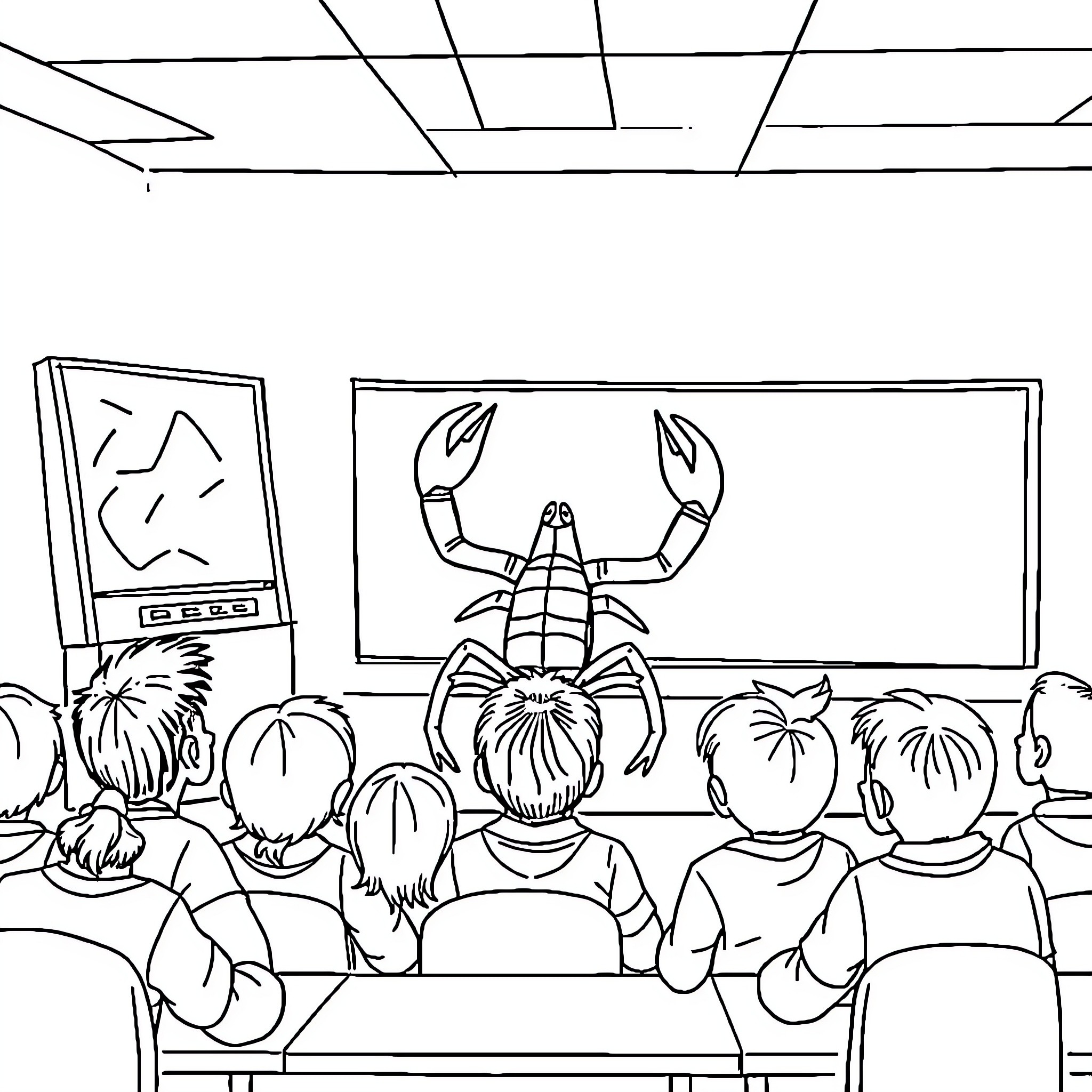 Scorpion Presentation in Classroom Coloring Page (free black-and-white line drawing printable PDF for all, from beginners to advanced learners, including children, teens, adults, and seniors)