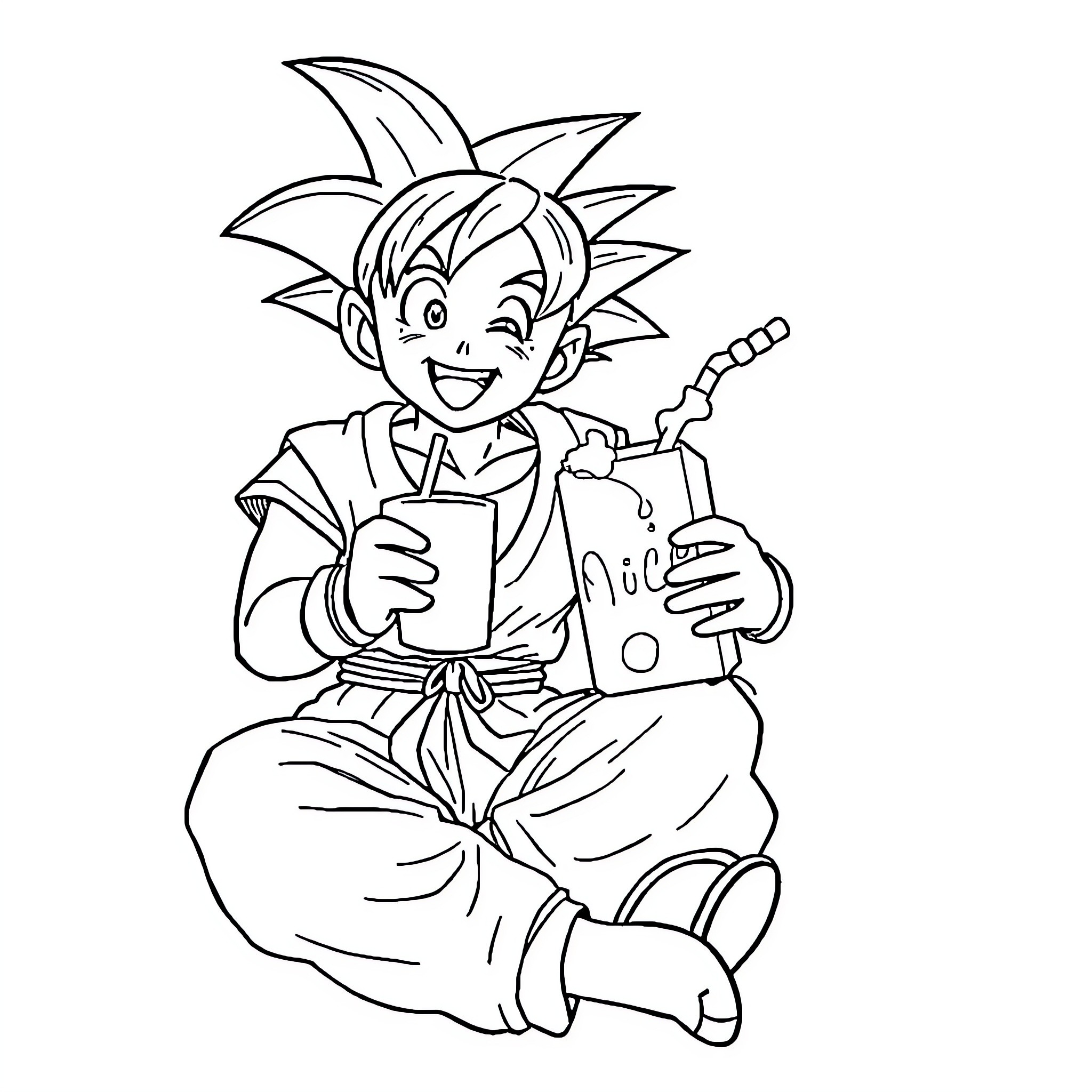 Goku Happily Playing with Smartphone Coloring Page (free black-and-white line drawing printable PDF for all, from beginners to advanced learners, including children, teens, adults, and seniors)