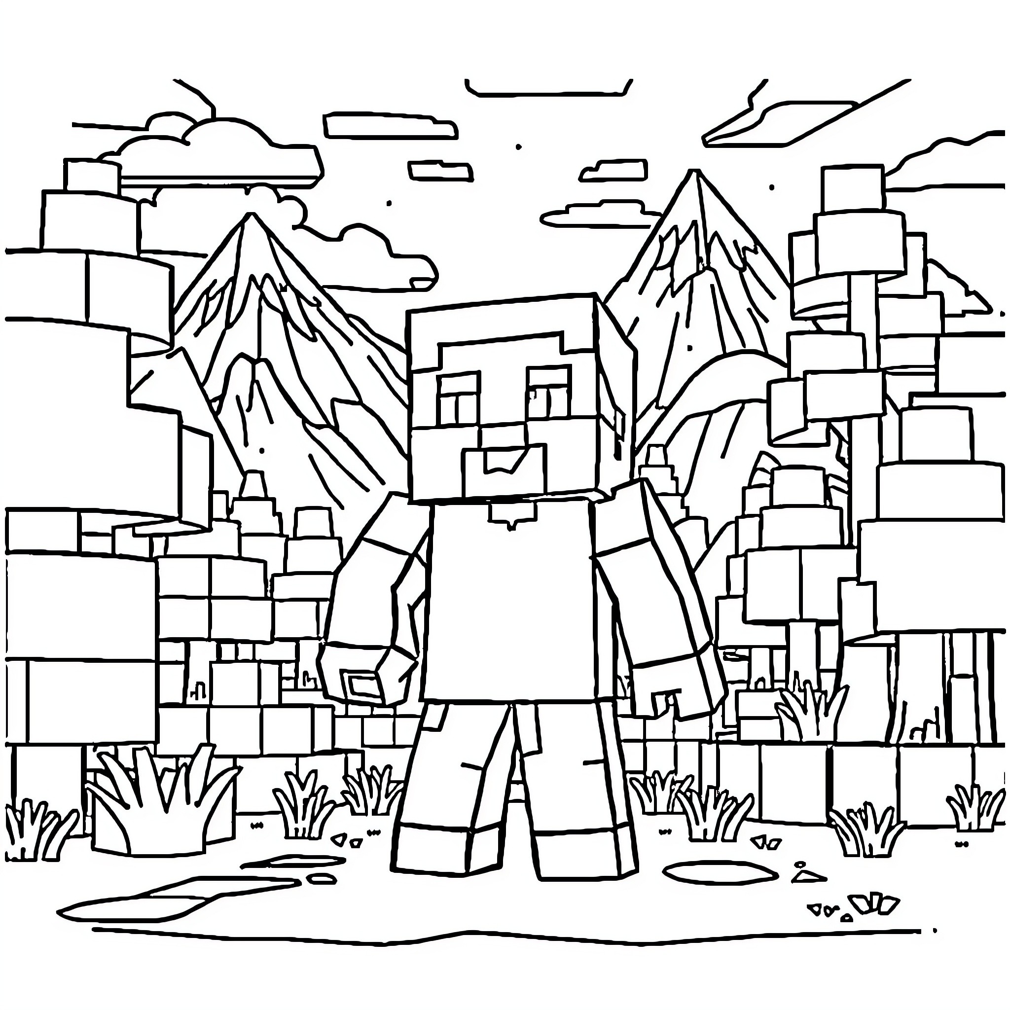 Minecraft Character exploring mountainous landscape Coloring Page (free black-and-white line drawing printable PDF for all, from beginners to advanced learners, including children, teens, adults, and seniors)