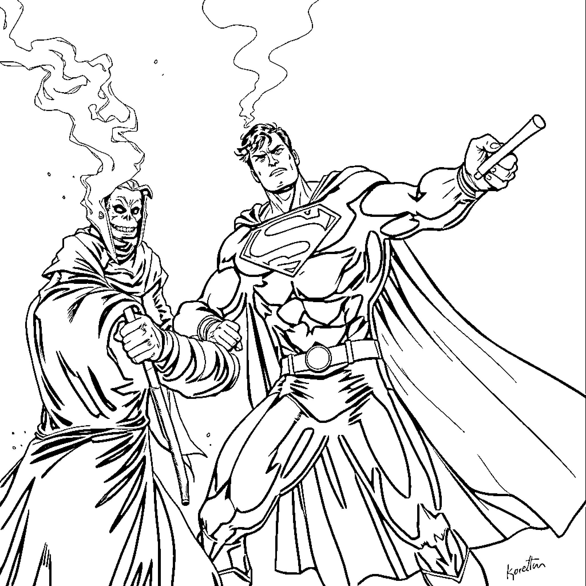 Superman battles a ghostly foe in a dramatic scene Coloring Page (free black-and-white line drawing printable PDF for all, from beginners to advanced learners, including children, teens, adults, and seniors)