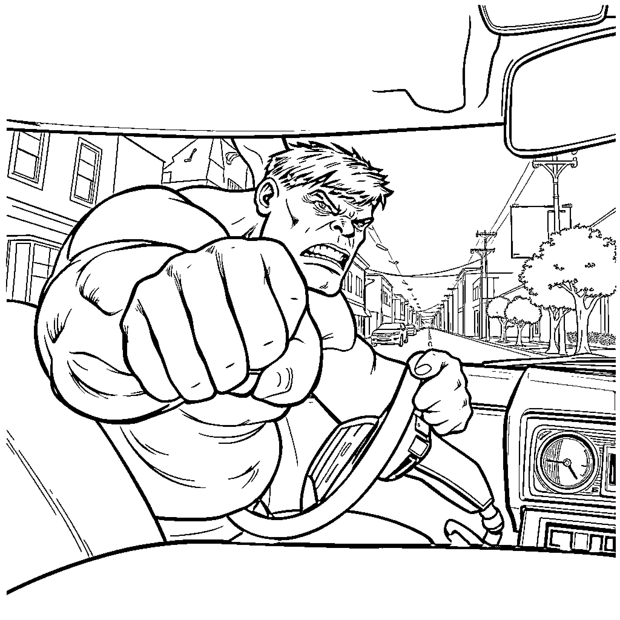 Hulk smashing through city in rage Coloring Page (free black-and-white line drawing printable PDF for all, from beginners to advanced learners, including children, teens, adults, and seniors)