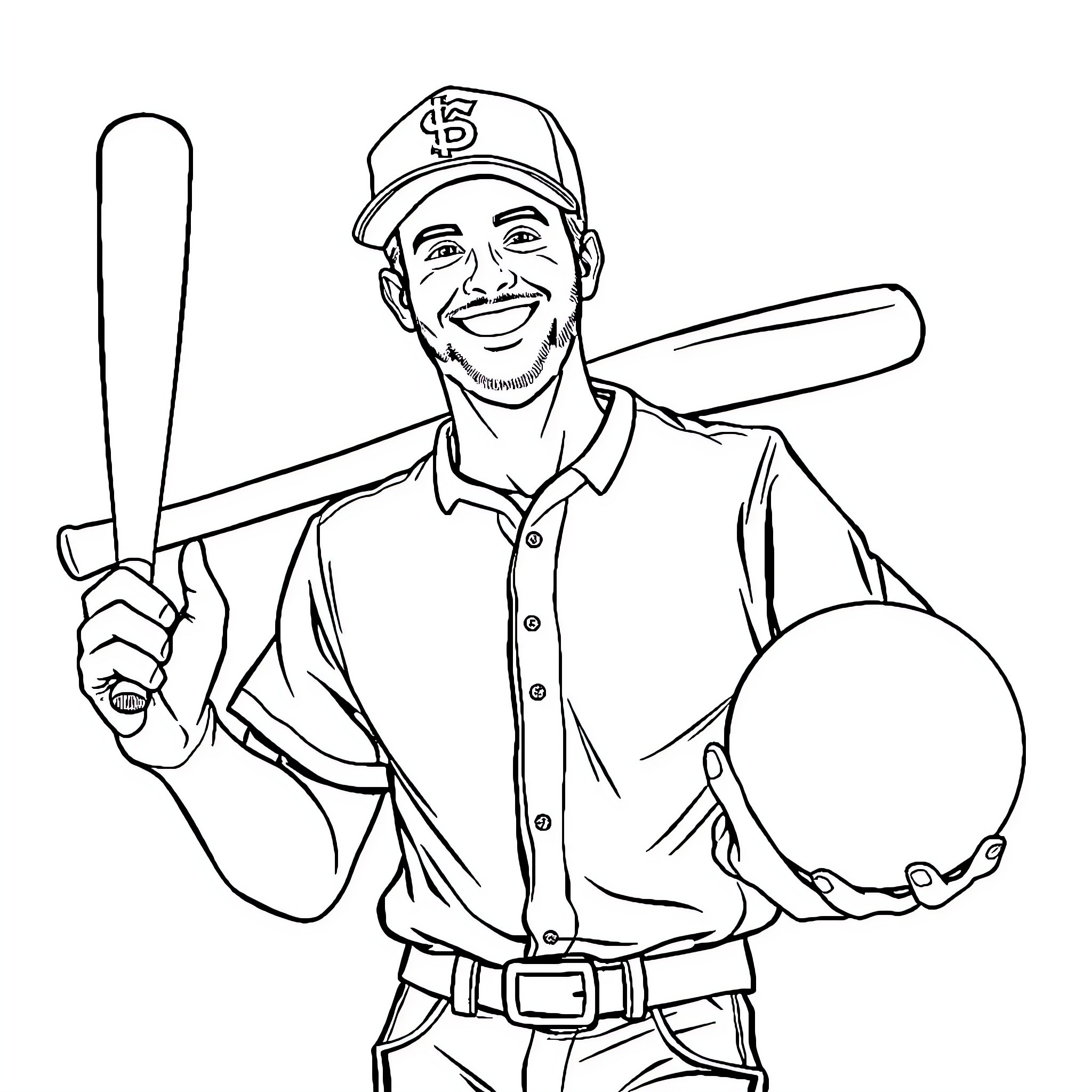 Baseball player with bat and ball Coloring Page (free black-and-white line drawing printable PDF for all, from beginners to advanced learners, including children, teens, adults, and seniors)
