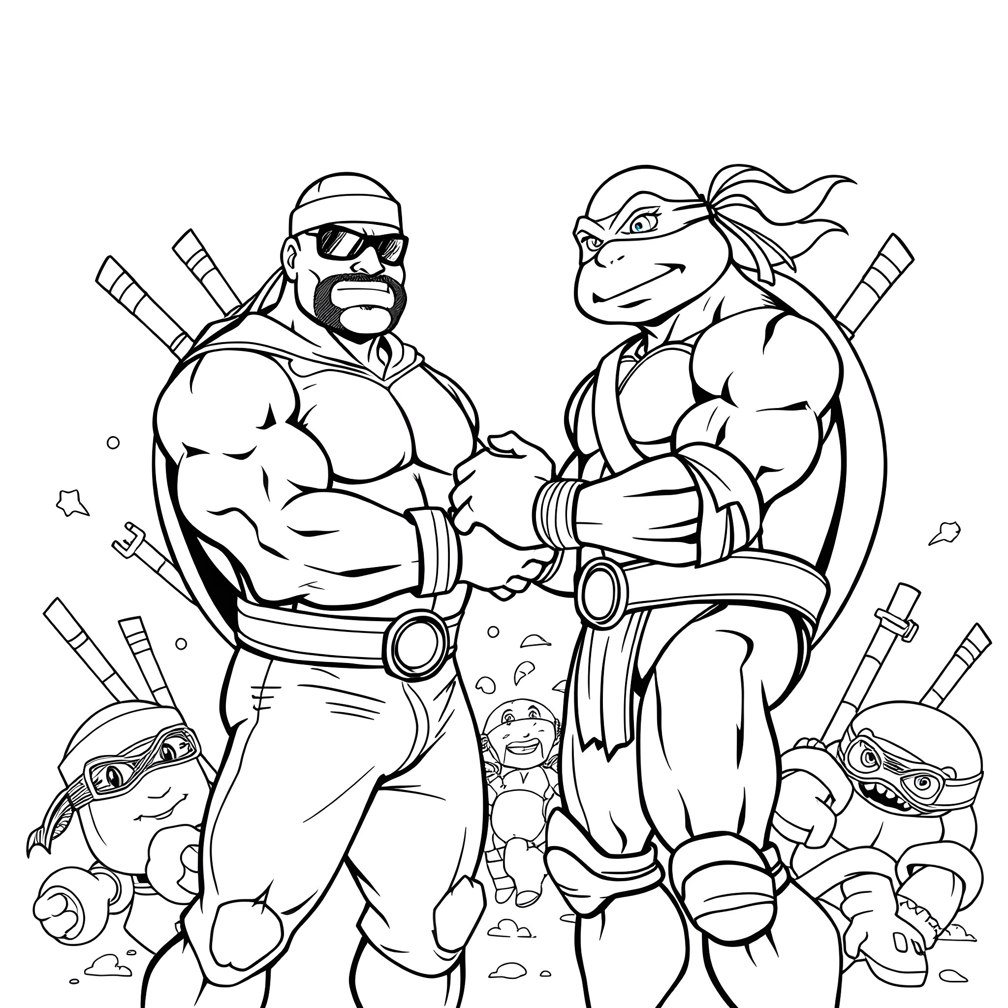 Macho Man and Tough Turtle Team Up for Action Coloring Page (free black-and-white line drawing printable PDF for all, from beginners to advanced learners, including children, teens, adults, and seniors)