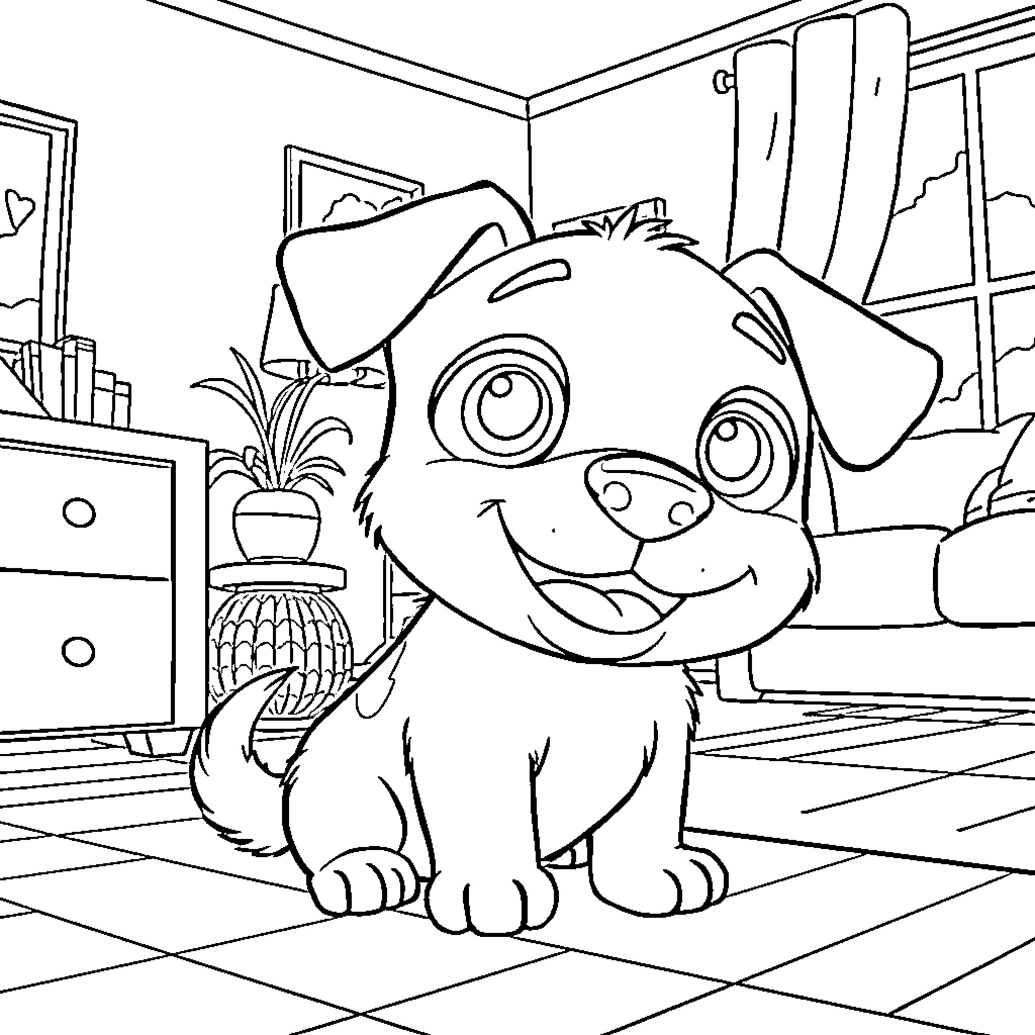 Max the Friendly Puppy in the Room Coloring Page (free black-and-white line drawing printable PDF for all, from beginners to advanced learners, including children, teens, adults, and seniors)