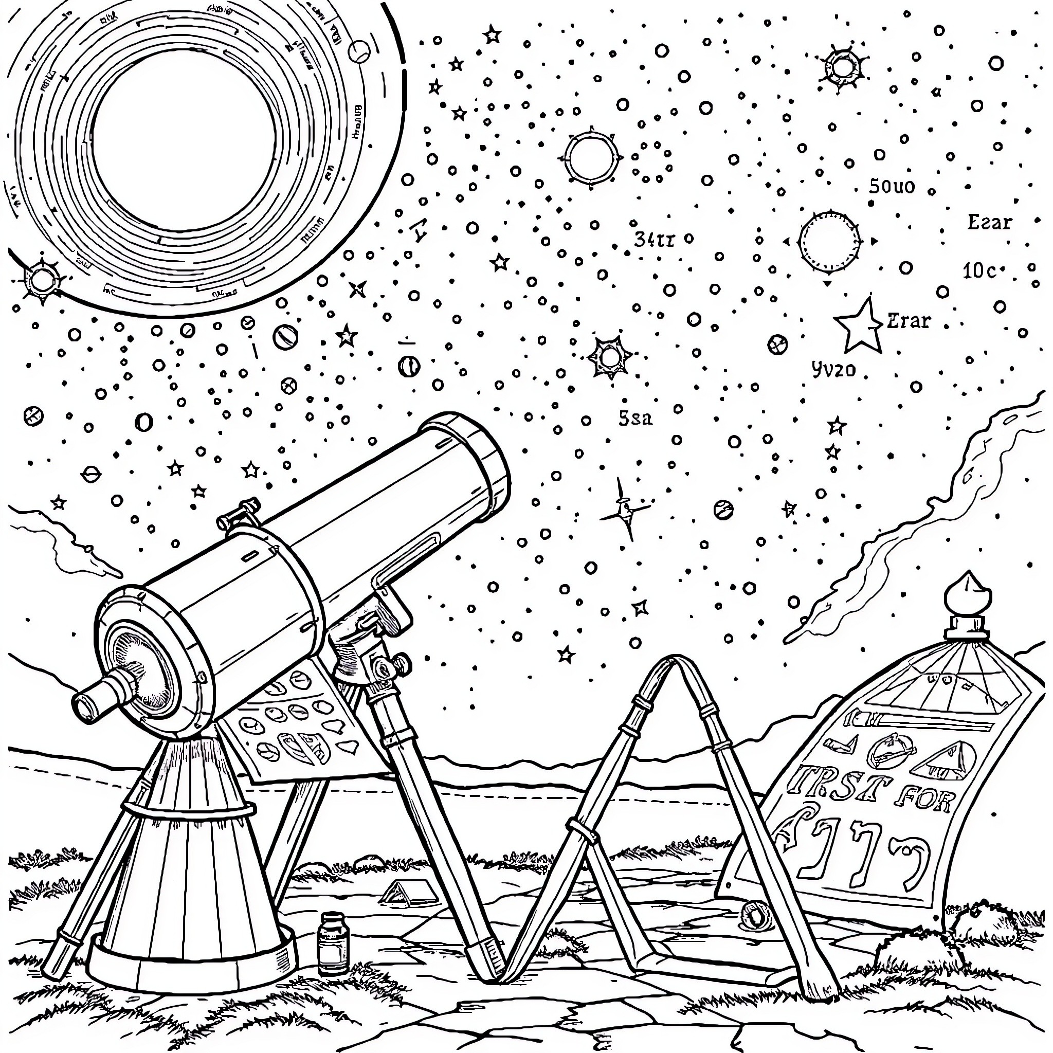 Astronomy Night Sky Observation with Telescope Coloring Page (free black-and-white line drawing printable PDF for all, from beginners to advanced learners, including children, teens, adults, and seniors)