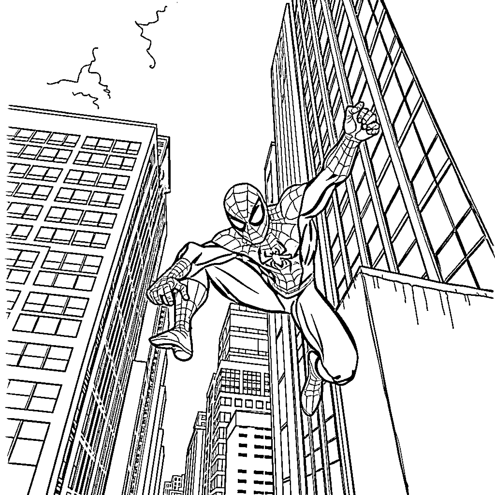 Spider hero swinging across city skyline Coloring Page (free black-and-white line drawing printable PDF for all, from beginners to advanced learners, including children, teens, adults, and seniors)