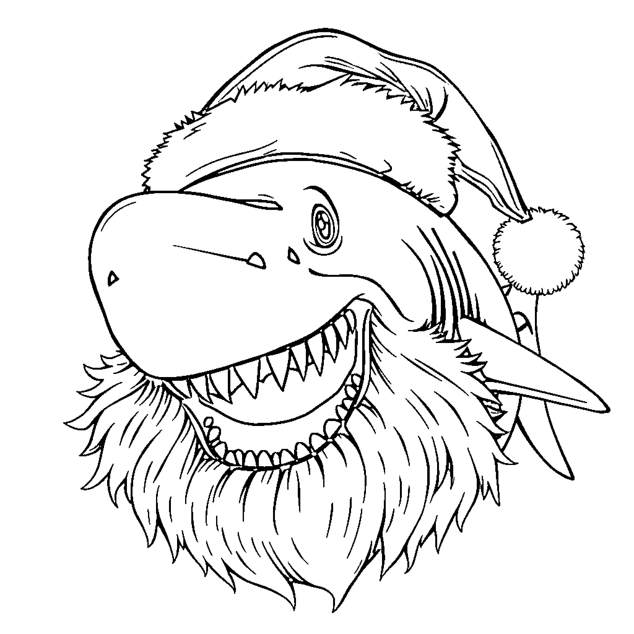 Shark in Santa hat with a friendly expression Coloring Page (free black-and-white line drawing printable PDF for all, from beginners to advanced learners, including children, teens, adults, and seniors)