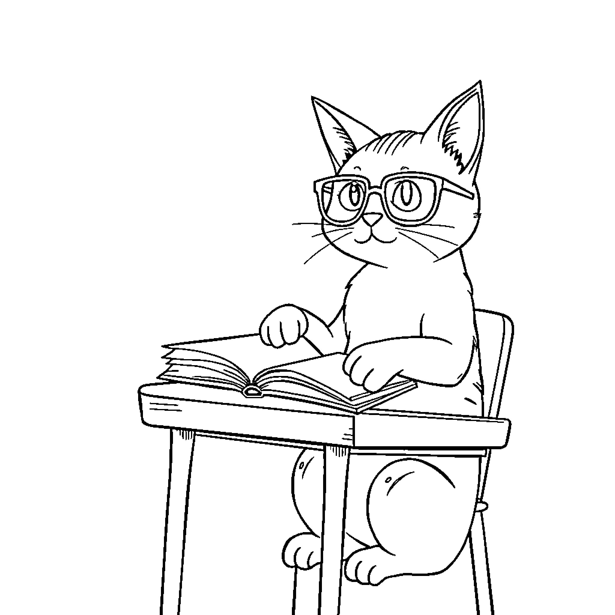 Cat reading a book at the desk Coloring Page (free black-and-white line drawing printable PDF for all, from beginners to advanced learners, including children, teens, adults, and seniors)