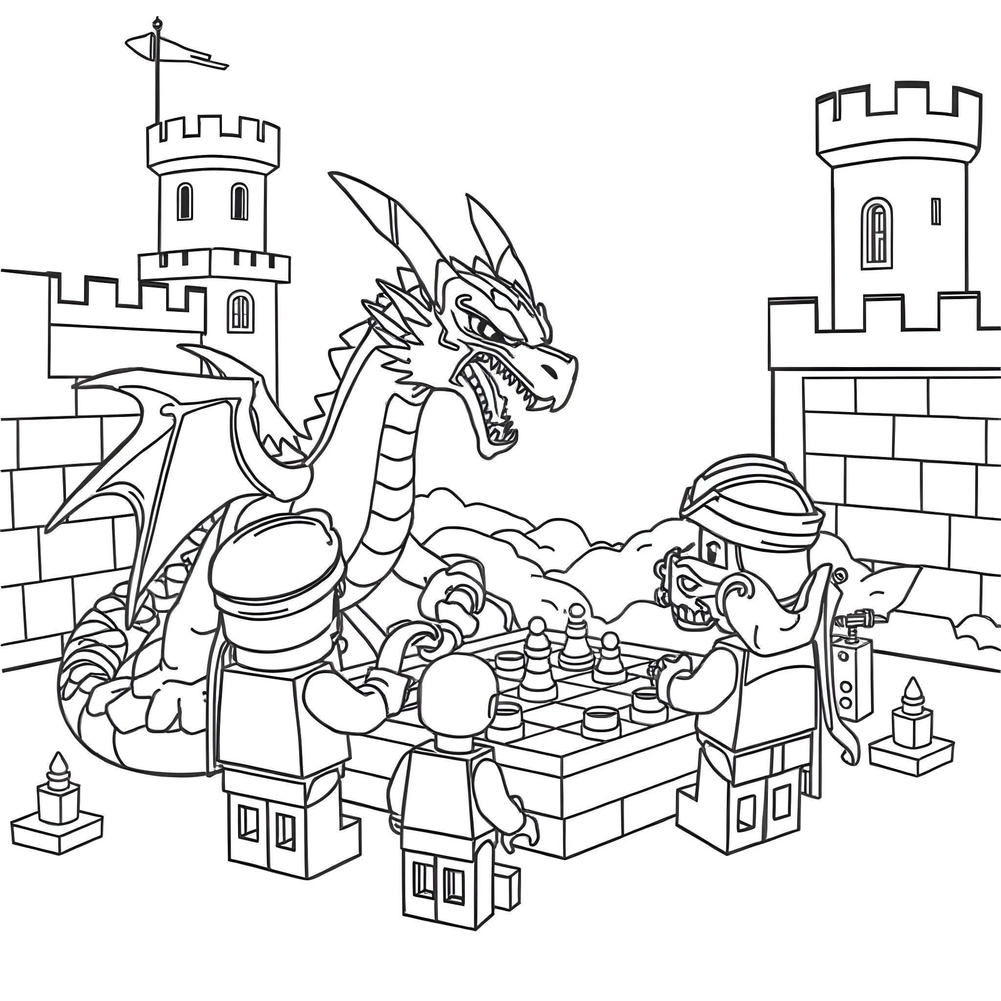 Dragon engaging in a chess game in a castle Coloring Page (free black-and-white line drawing printable PDF for all, from beginners to advanced learners, including children, teens, adults, and seniors)