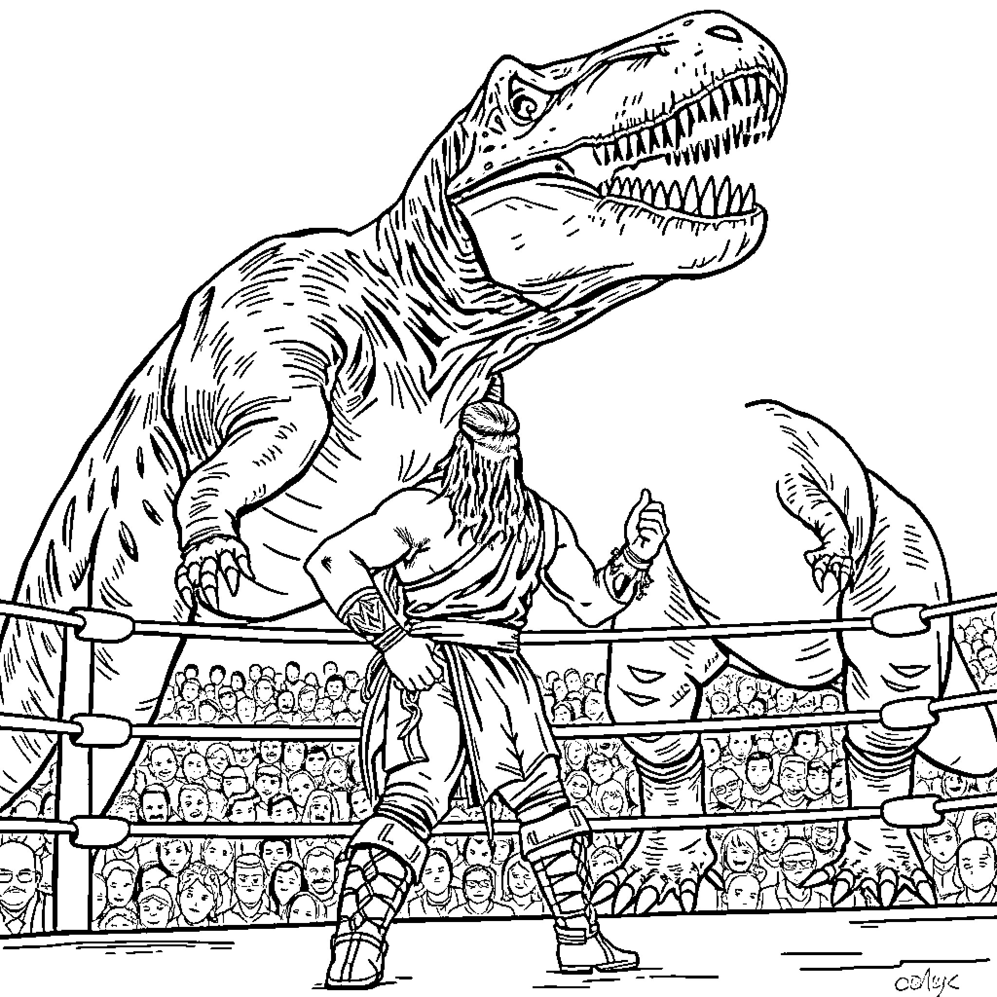Roman Reigns battles a mighty dinosaur in the ring Coloring Page (free black-and-white line drawing printable PDF for all, from beginners to advanced learners, including children, teens, adults, and seniors)