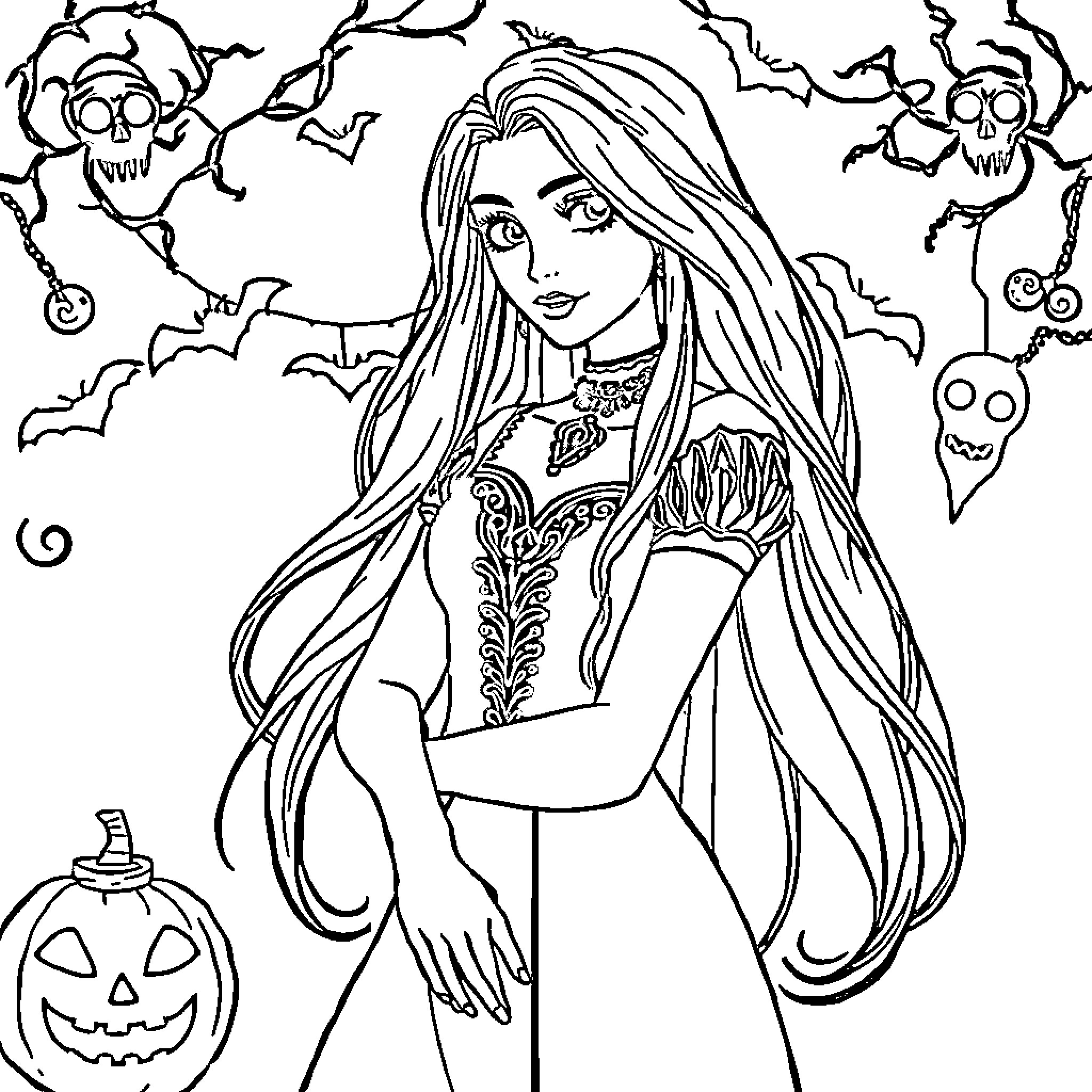 Rapunzel in a Spooky Halloween Scene Coloring Page (free black-and-white line drawing printable PDF for all, from beginners to advanced learners, including children, teens, adults, and seniors)
