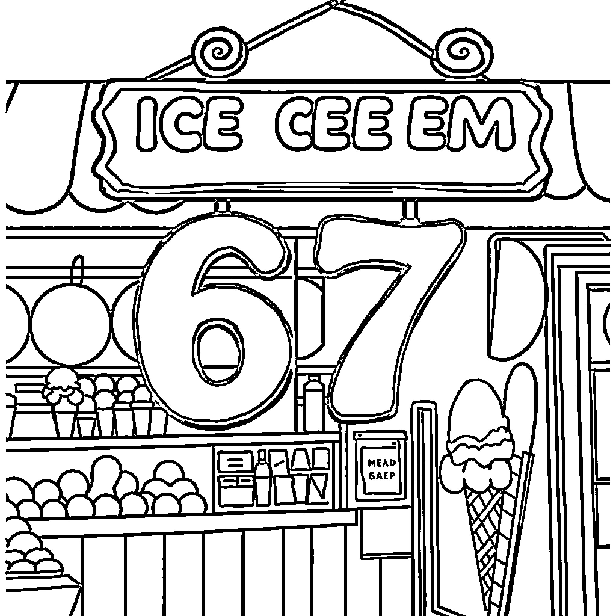 Number Ice Cream Shop with Vintage Signage Coloring Page (free black-and-white line drawing printable PDF for all, from beginners to advanced learners, including children, teens, adults, and seniors)
