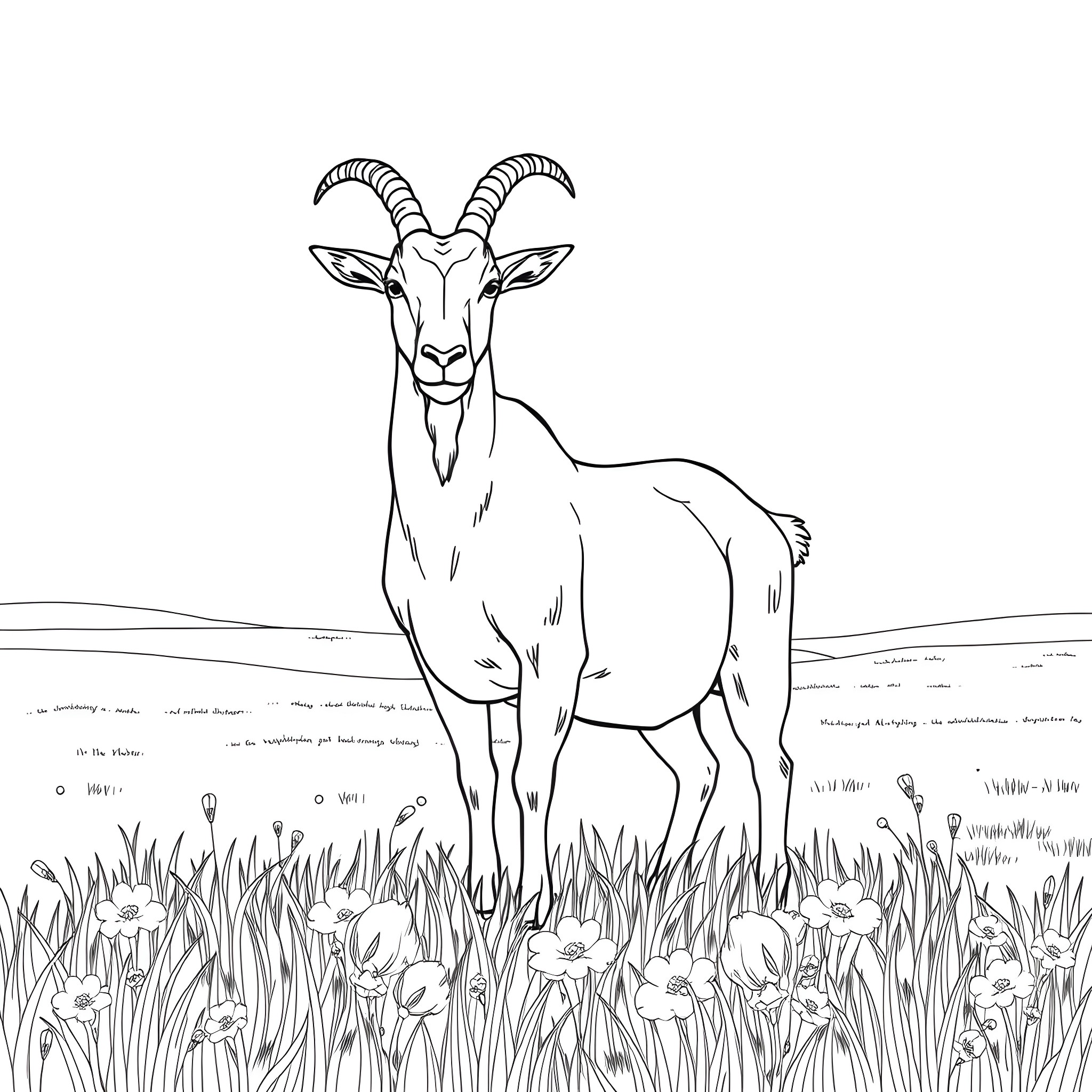 Goat standing in a field of flowers Coloring Page (free black-and-white line drawing printable PDF for all, from beginners to advanced learners, including children, teens, adults, and seniors)