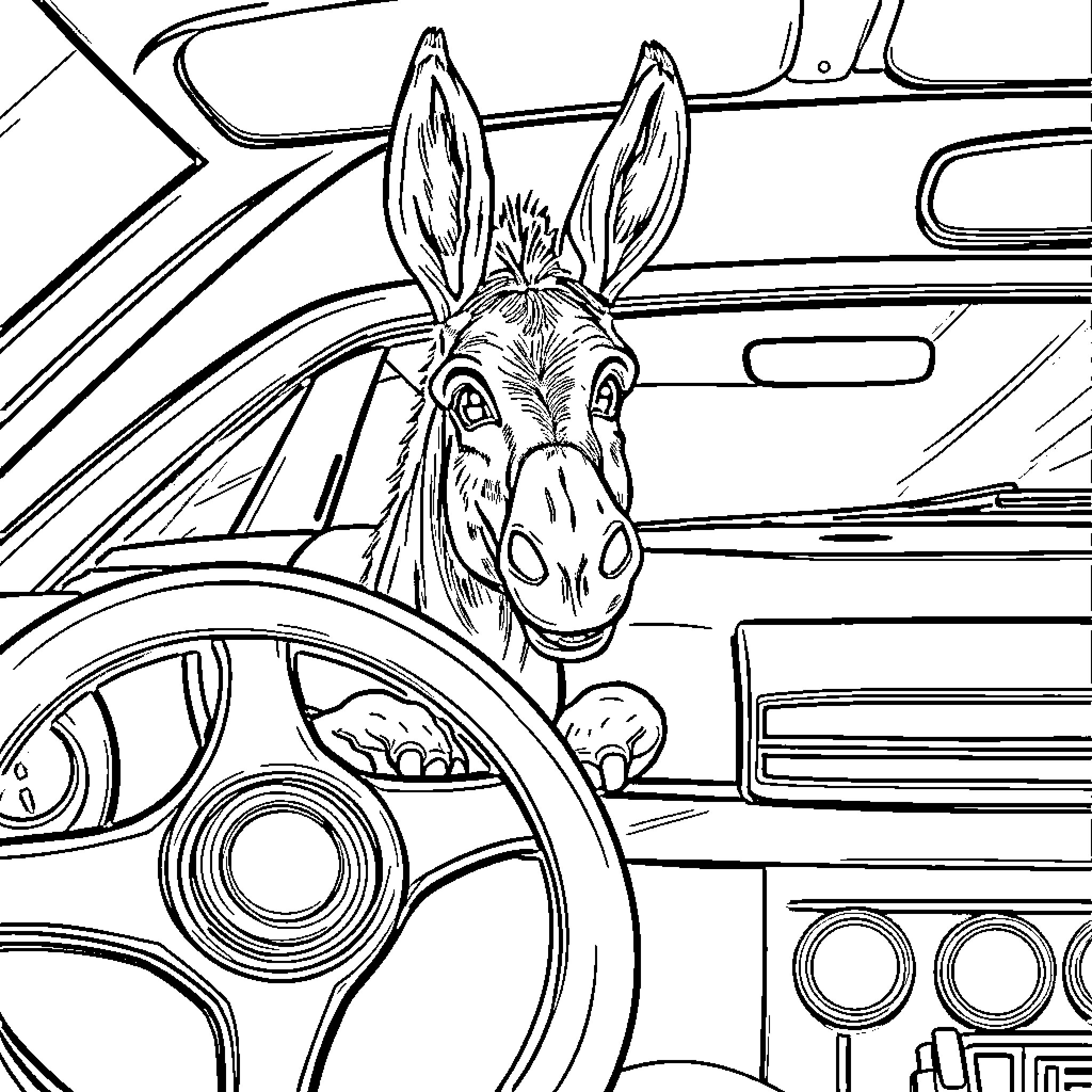 Donkey driving a vintage vehicle Coloring Page (free black-and-white line drawing printable PDF for all, from beginners to advanced learners, including children, teens, adults, and seniors)