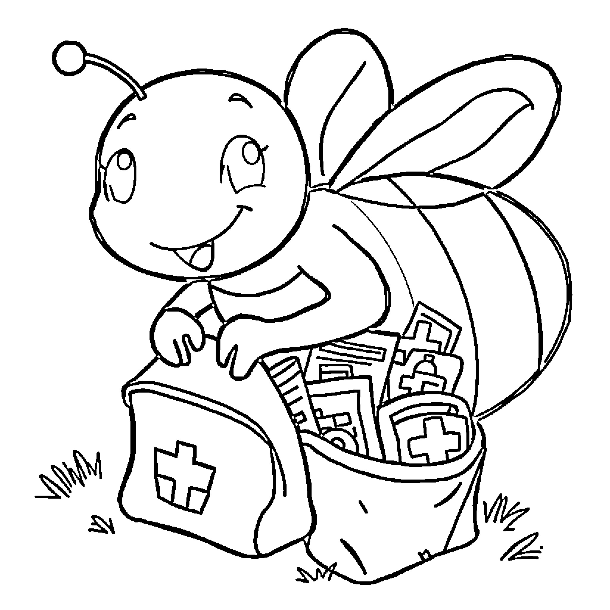 Bee carrying medical supplies in a bag Coloring Page (free black-and-white line drawing printable PDF for all, from beginners to advanced learners, including children, teens, adults, and seniors)