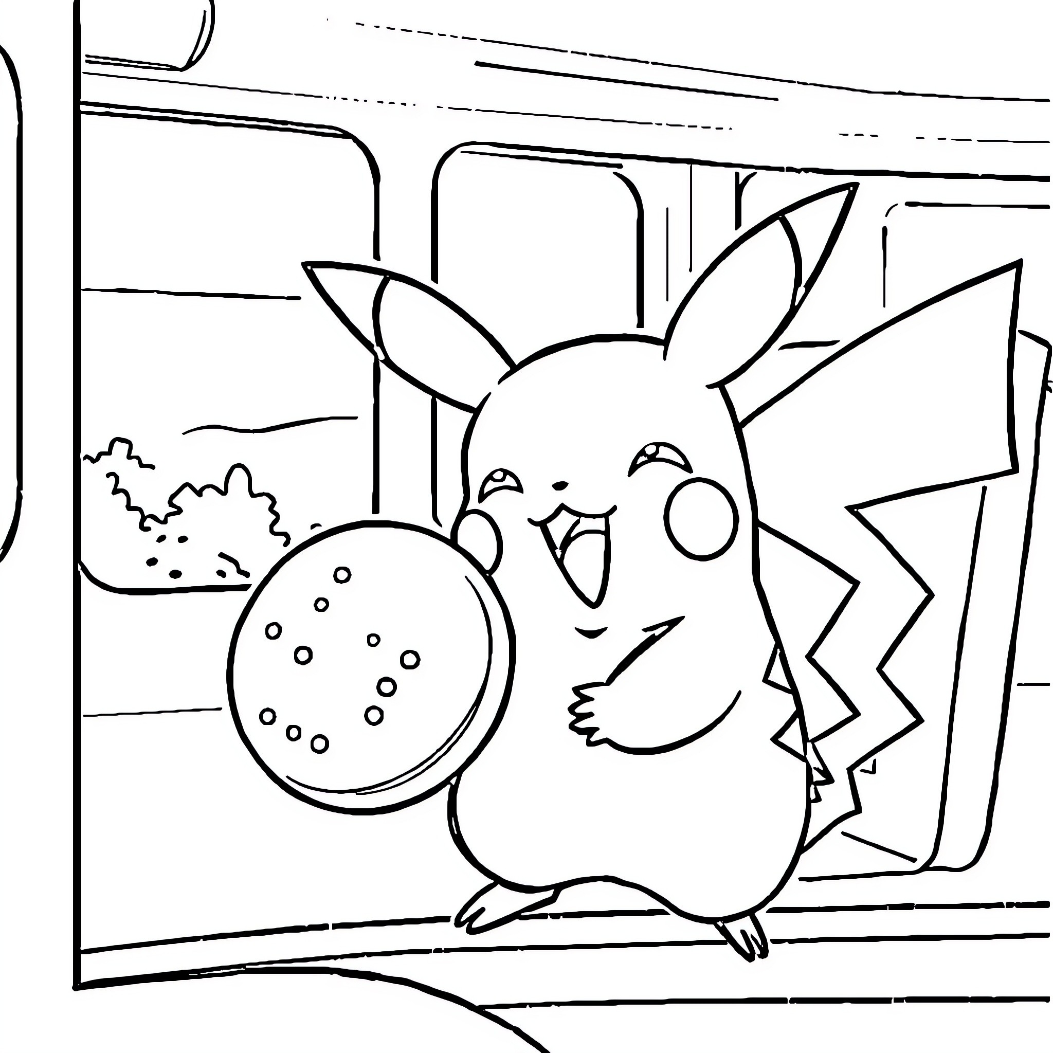 Pikachu playing happily in a coloring book scene Coloring Page (free black-and-white line drawing printable PDF for all, from beginners to advanced learners, including children, teens, adults, and seniors)