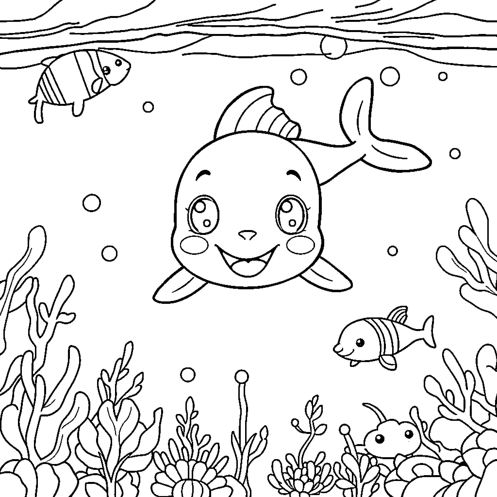 Ocean Animals Playing Happily Underwater Coloring Page (free black-and-white line drawing printable PDF for all, from beginners to advanced learners, including children, teens, adults, and seniors)