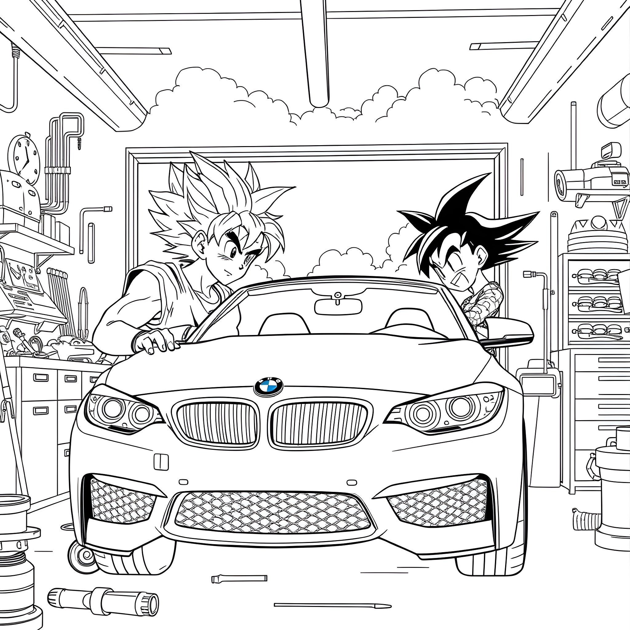 Goku and Vegeta admiring a high-performance vehicle Coloring Page (free black-and-white line drawing printable PDF for all, from beginners to advanced learners, including children, teens, adults, and seniors)