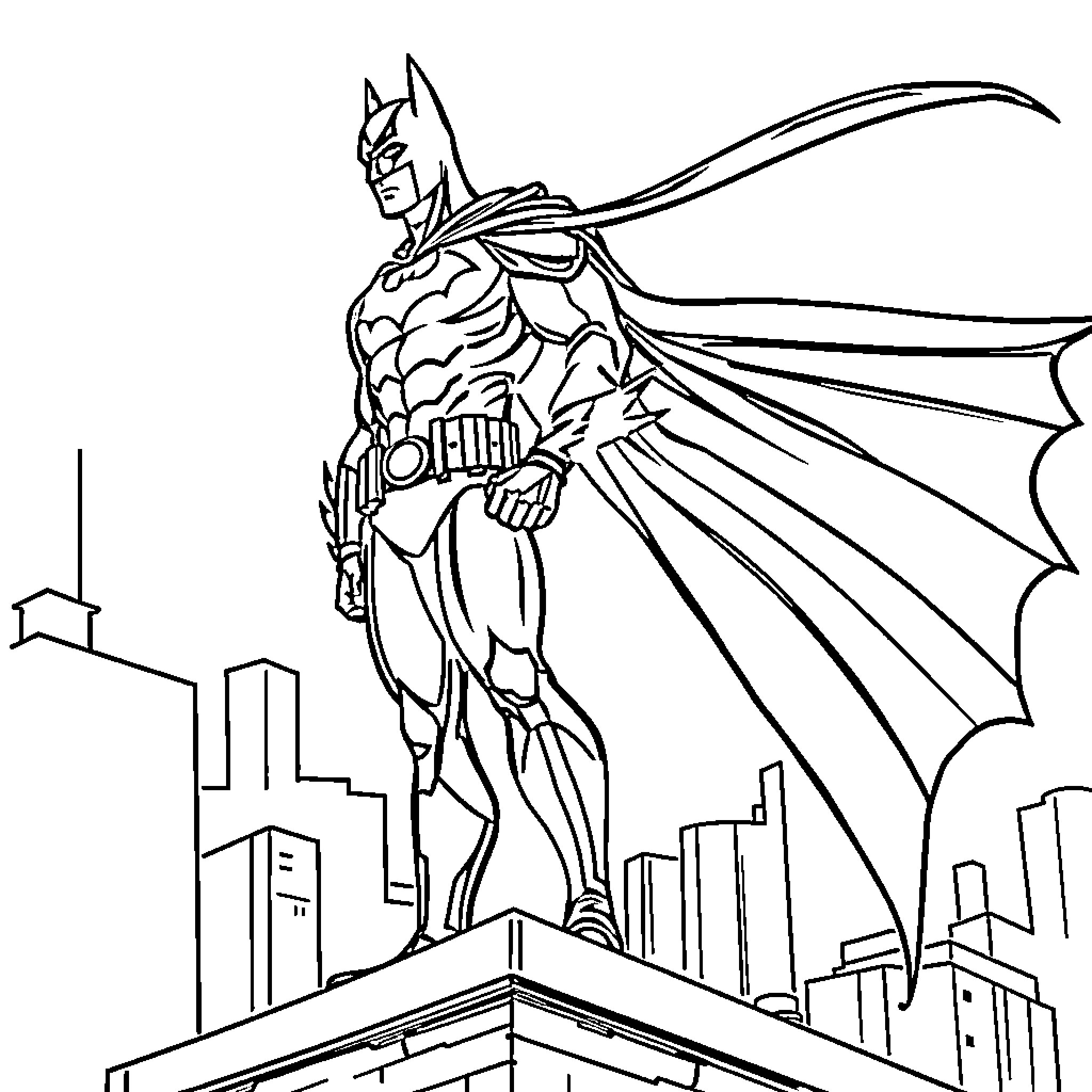 Batman Surveying the Gotham City Skyline Coloring Page (free black-and-white line drawing printable PDF for all, from beginners to advanced learners, including children, teens, adults, and seniors)