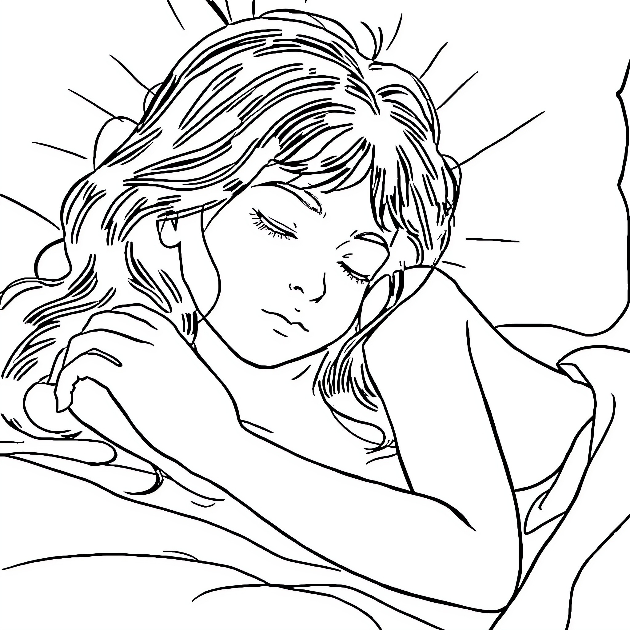 Girl resting peacefully in sunlight Coloring Page (free black-and-white line drawing printable PDF for all, from beginners to advanced learners, including children, teens, adults, and seniors)