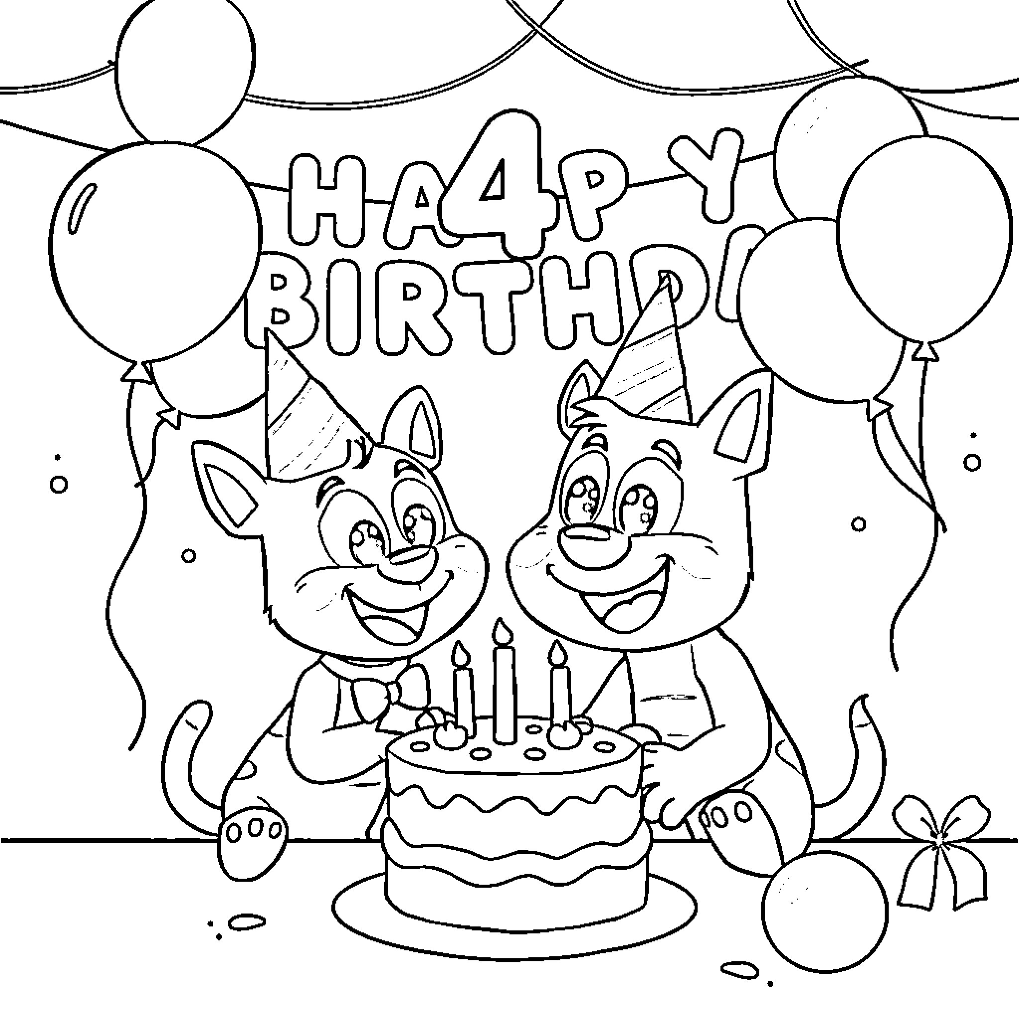 Bluey's Happy Birthday with Pups and Balloons Coloring Page (free black-and-white line drawing printable PDF for all, from beginners to advanced learners, including children, teens, adults, and seniors)