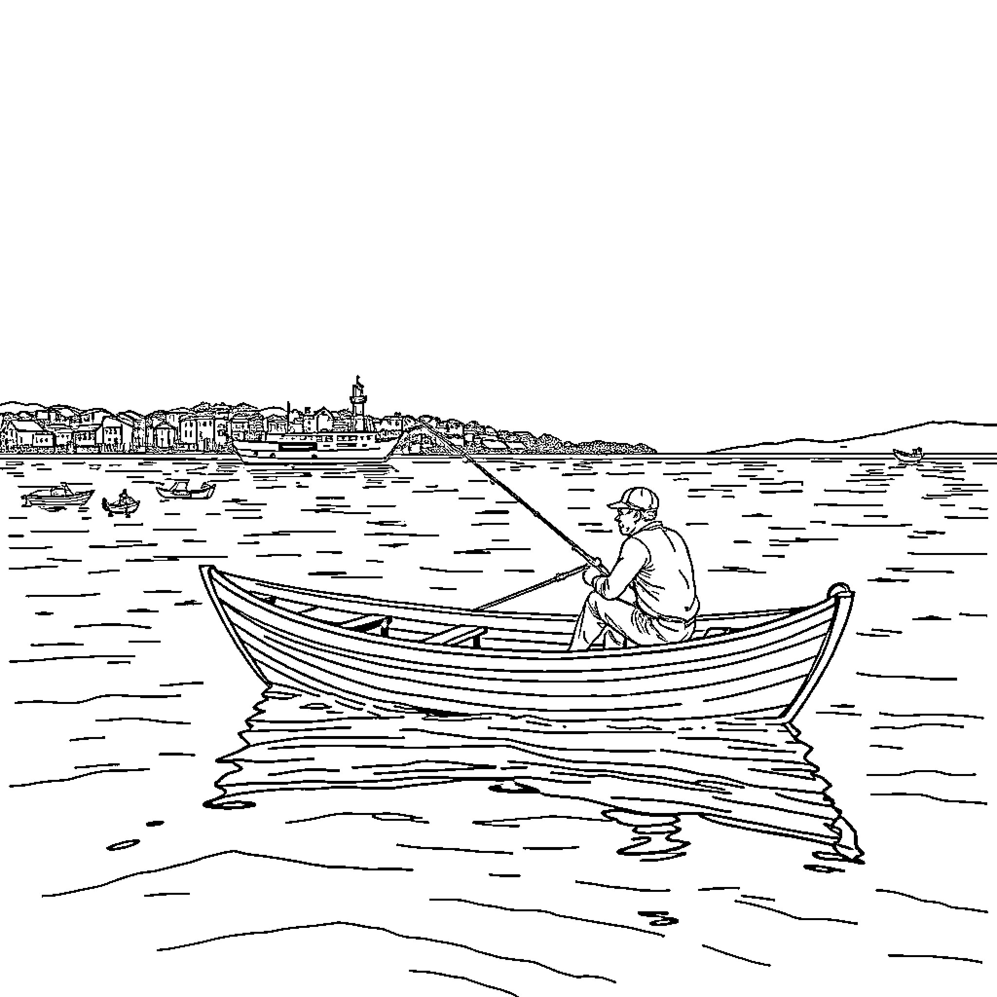 Man fishing alone in a small boat on the water Coloring Page (free black-and-white line drawing printable PDF for all, from beginners to advanced learners, including children, teens, adults, and seniors)
