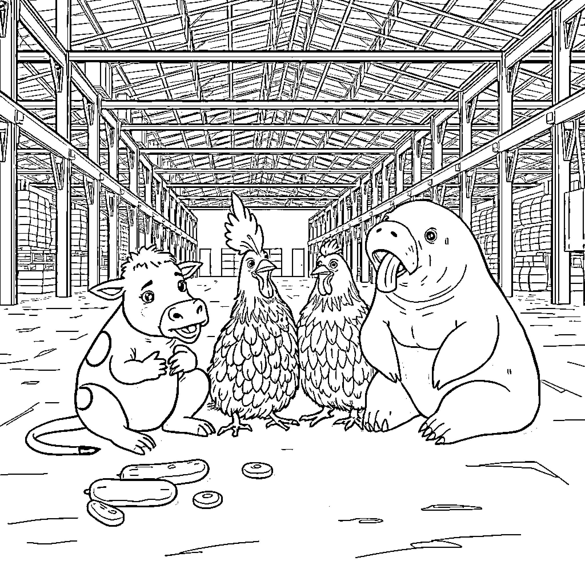 Cow, Rooster, and Duck Relaxing in the Barn Coloring Page (free black-and-white line drawing printable PDF for all, from beginners to advanced learners, including children, teens, adults, and seniors)