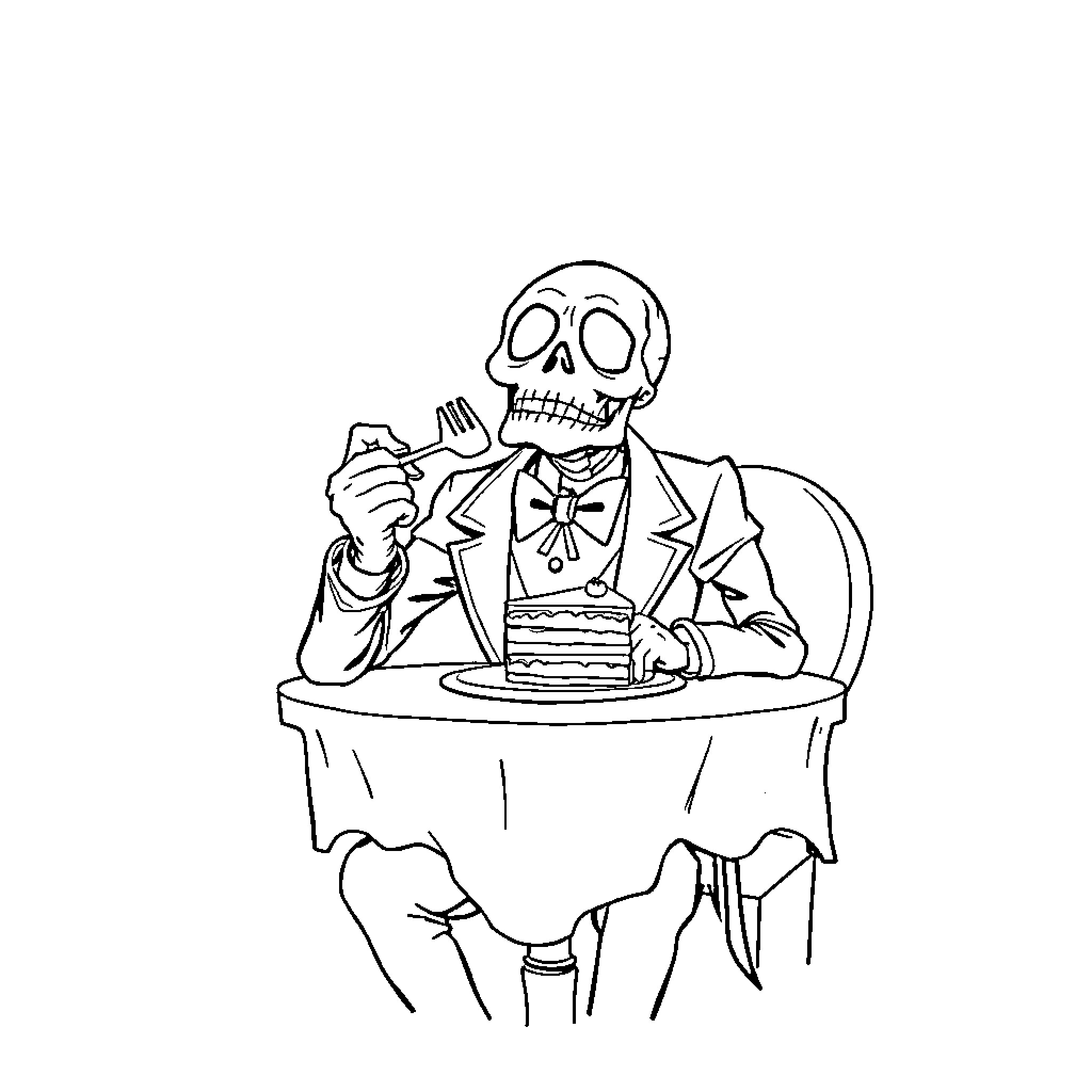 Undertaker enjoying a creepy cake at his table Coloring Page (free black-and-white line drawing printable PDF for all, from beginners to advanced learners, including children, teens, adults, and seniors)